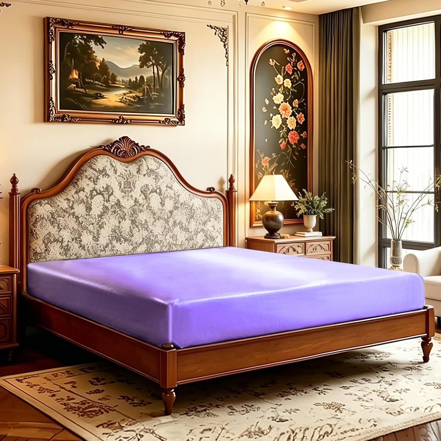 image:imageLirex Satin Fitted Sheet Twin XL SizeLuxury amp Ultra Soft Deep Pocket Single Bottom Bed Sheets Sold Separately BlackLight Purple