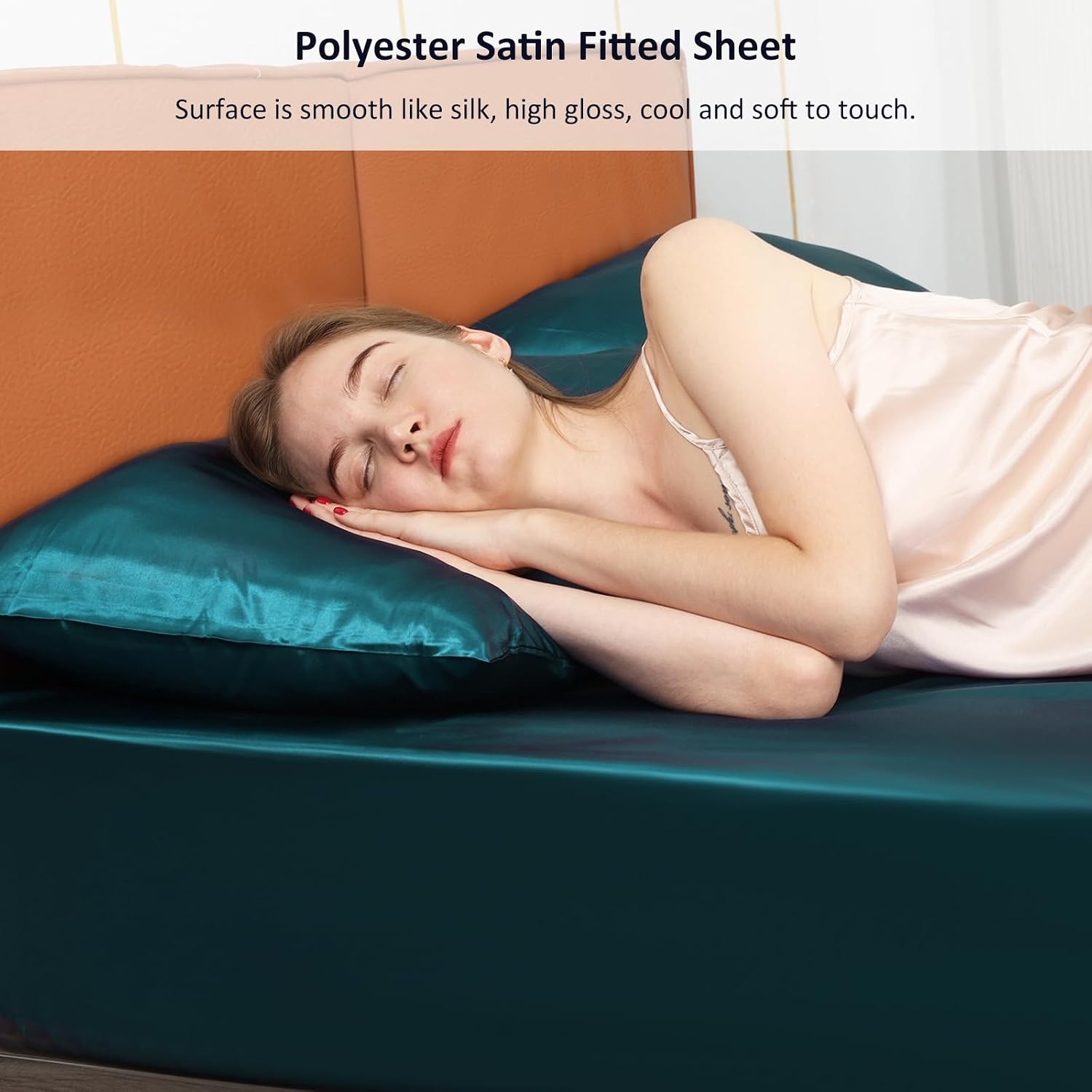 image:imageLirex Satin Fitted Sheet Twin XL SizeLuxury amp Ultra Soft Deep Pocket Single Bottom Bed Sheets Sold Separately BlackPeacock Blue