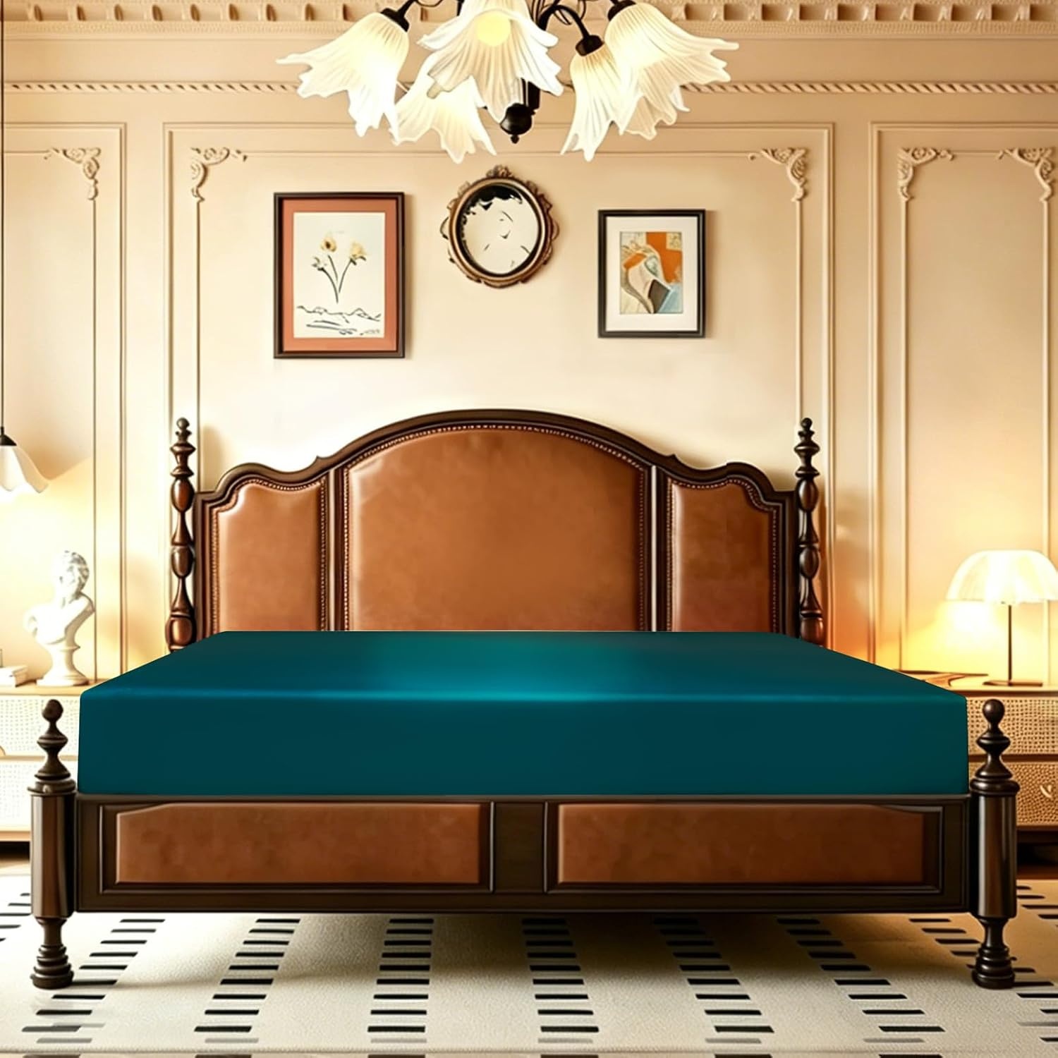 image:imageLirex Satin Fitted Sheet Twin XL SizeLuxury amp Ultra Soft Deep Pocket Single Bottom Bed Sheets Sold Separately BlackPeacock Blue