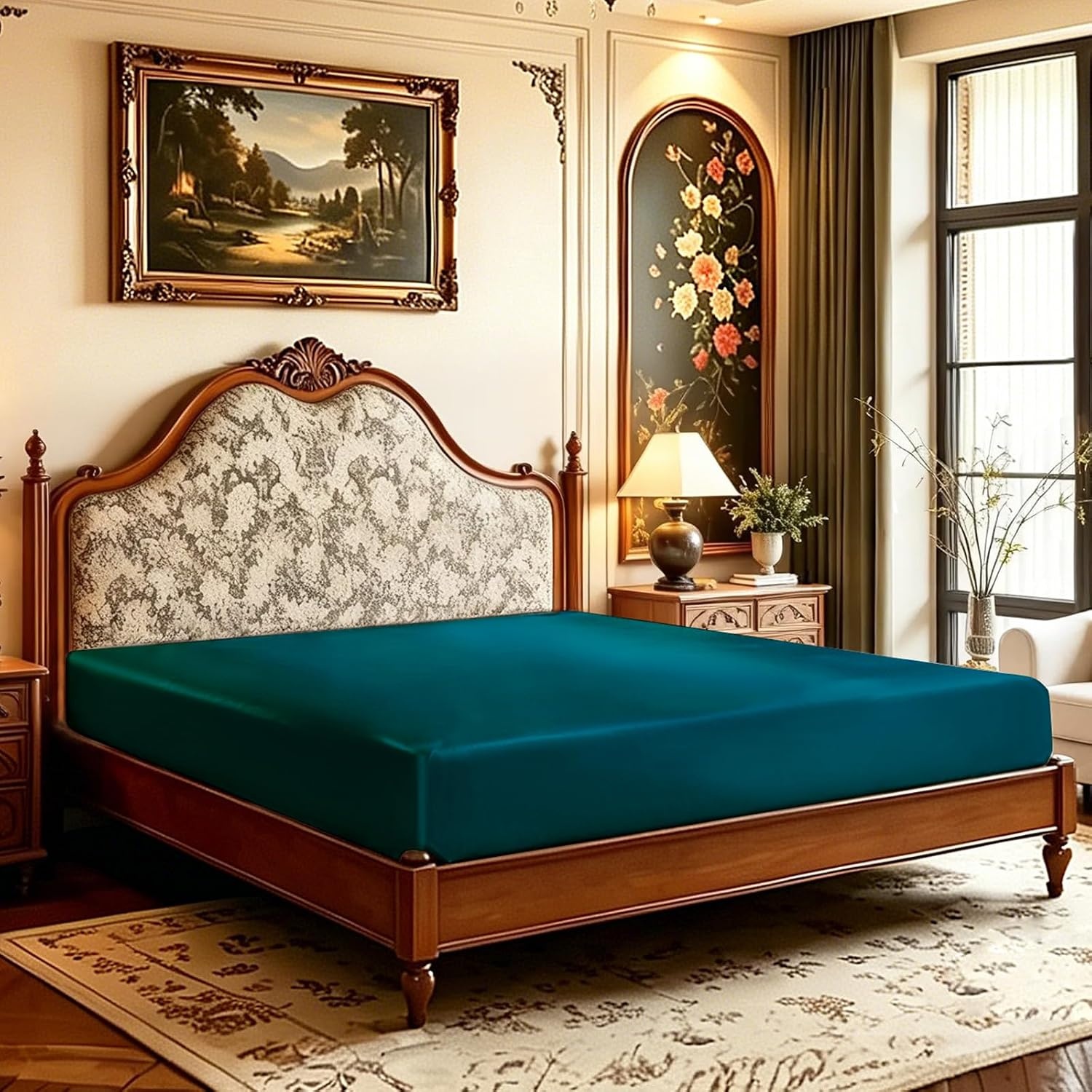 image:imageLirex Satin Fitted Sheet Twin XL SizeLuxury amp Ultra Soft Deep Pocket Single Bottom Bed Sheets Sold Separately BlackPeacock Blue