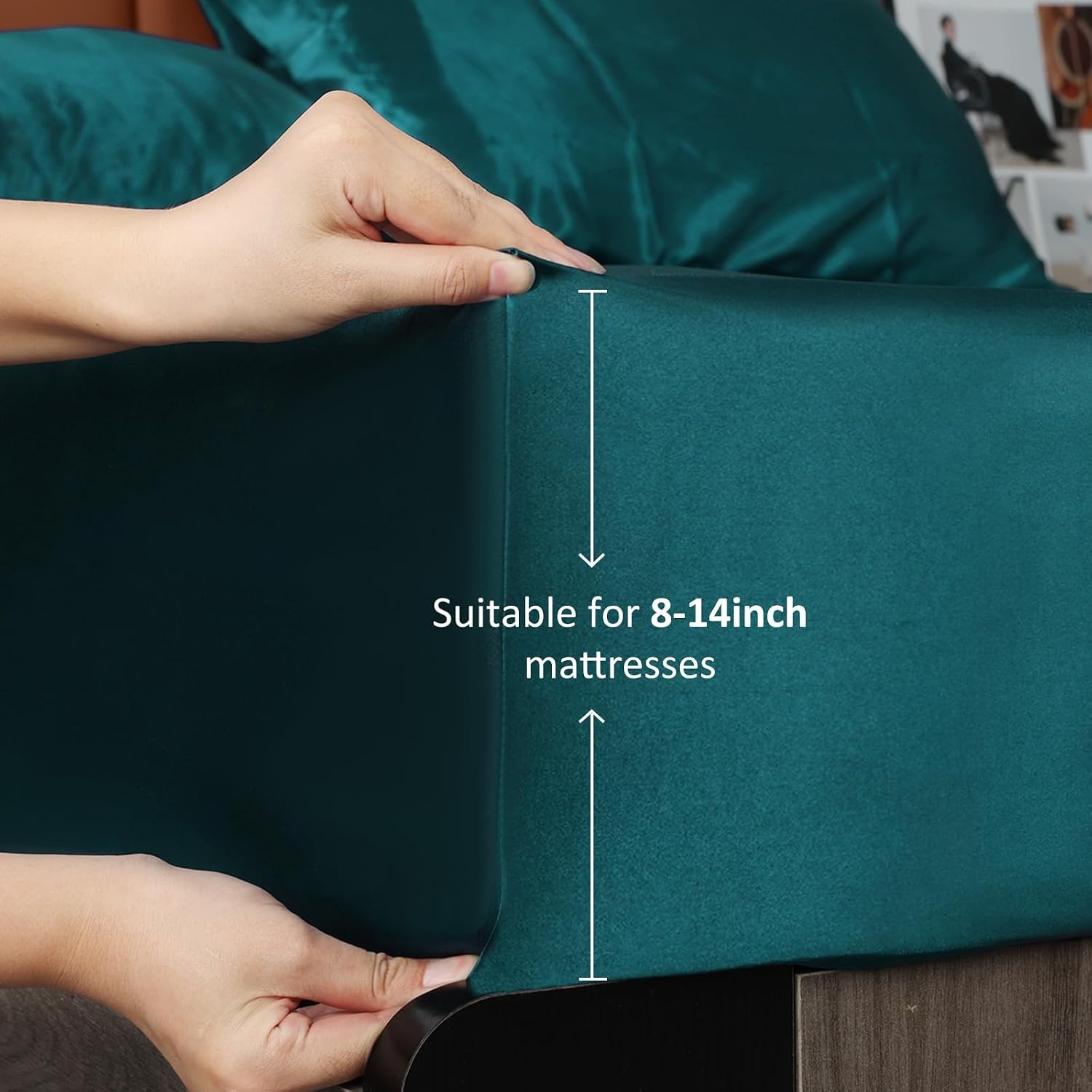 image:imageLirex Satin Fitted Sheet Twin XL SizeLuxury amp Ultra Soft Deep Pocket Single Bottom Bed Sheets Sold Separately BlackPeacock Blue
