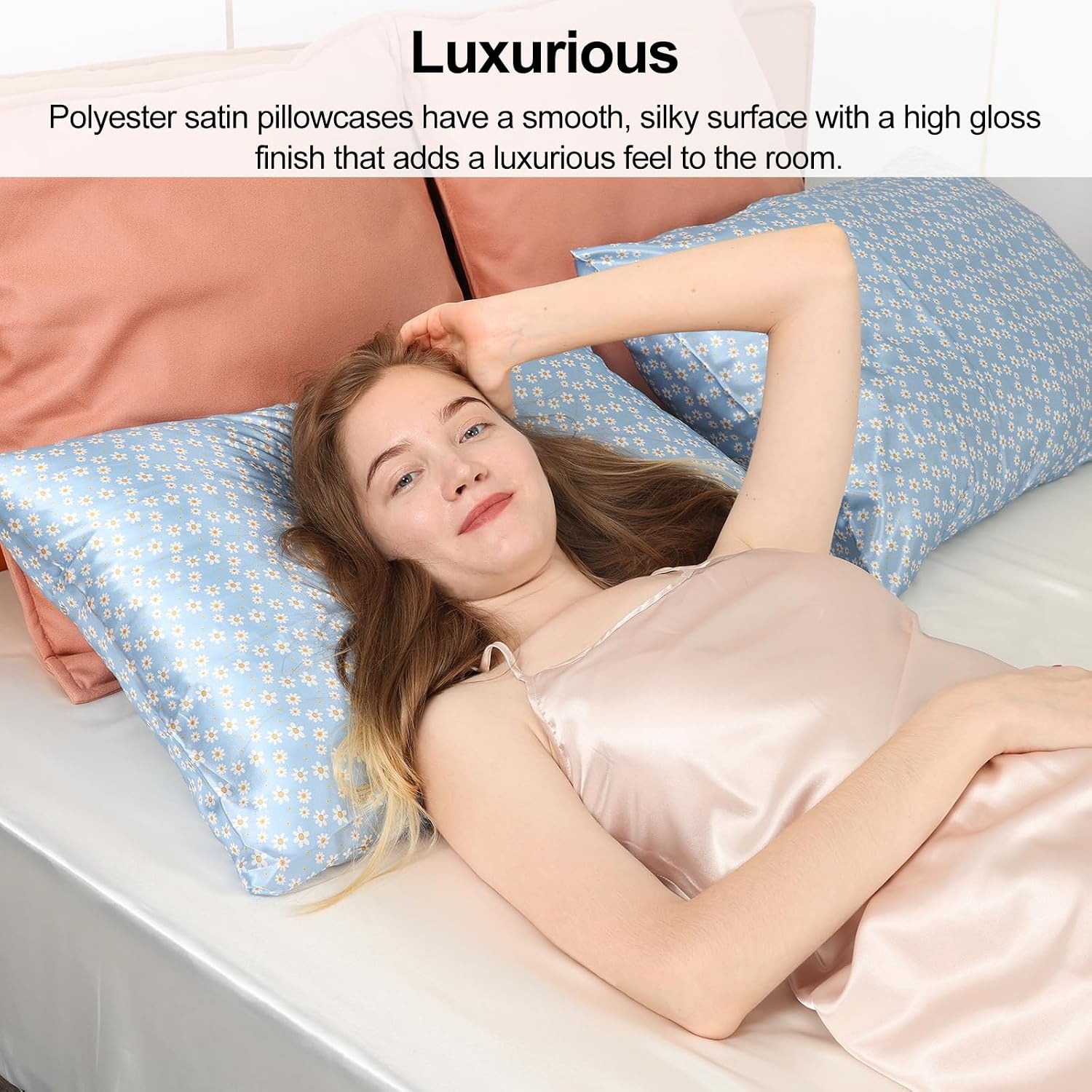 image:imageLirex Silky Satin Pillowcase with Zipper Closure Polyester Satin Pillow Cover for Hair Smooth Floral Pattern with Cream Leopard 20 x 26Blue Daisy