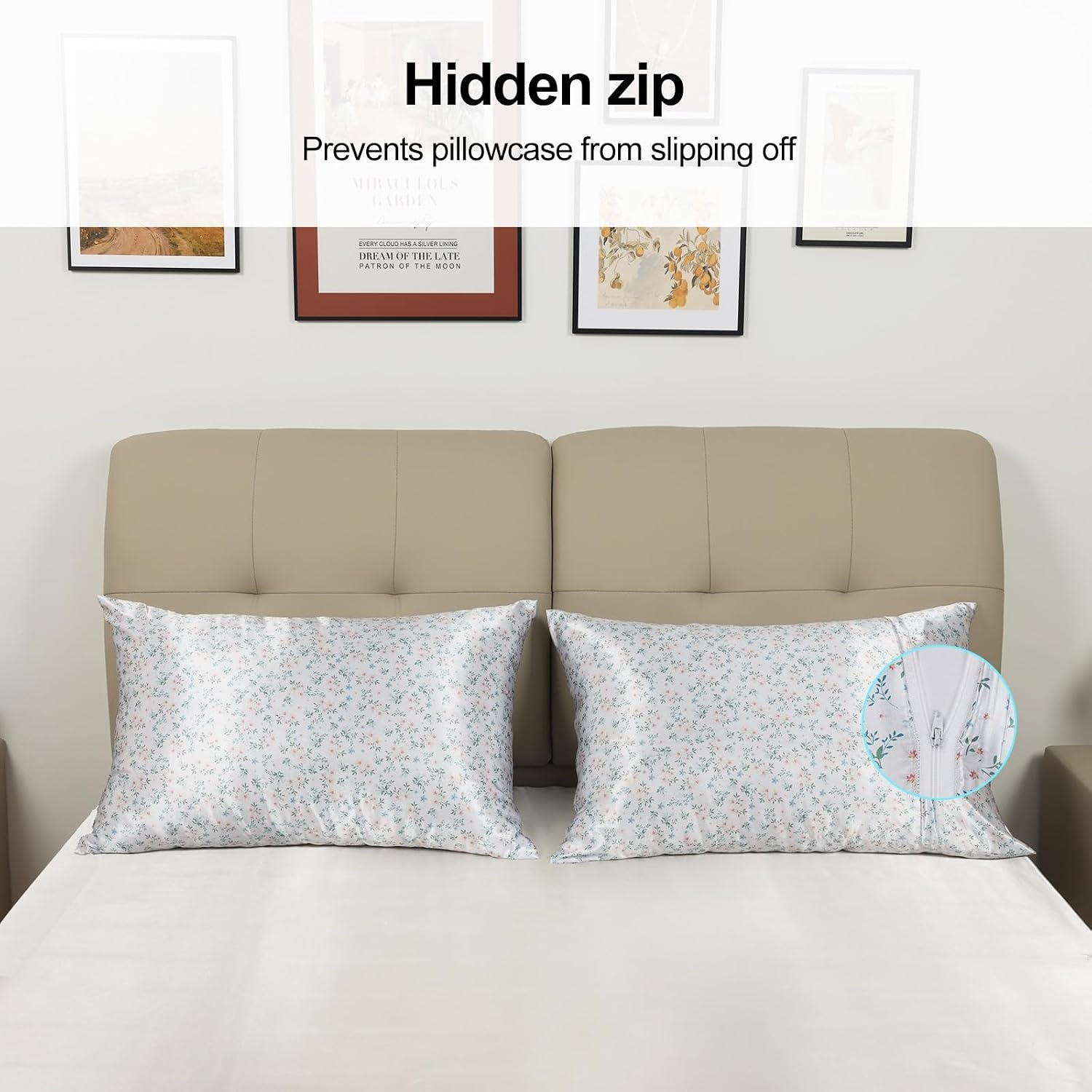 image:imageLirex Silky Satin Pillowcase with Zipper Closure Polyester Satin Pillow Cover for Hair Smooth Floral Pattern with Cream Leopard 20 x 26Cream Floral