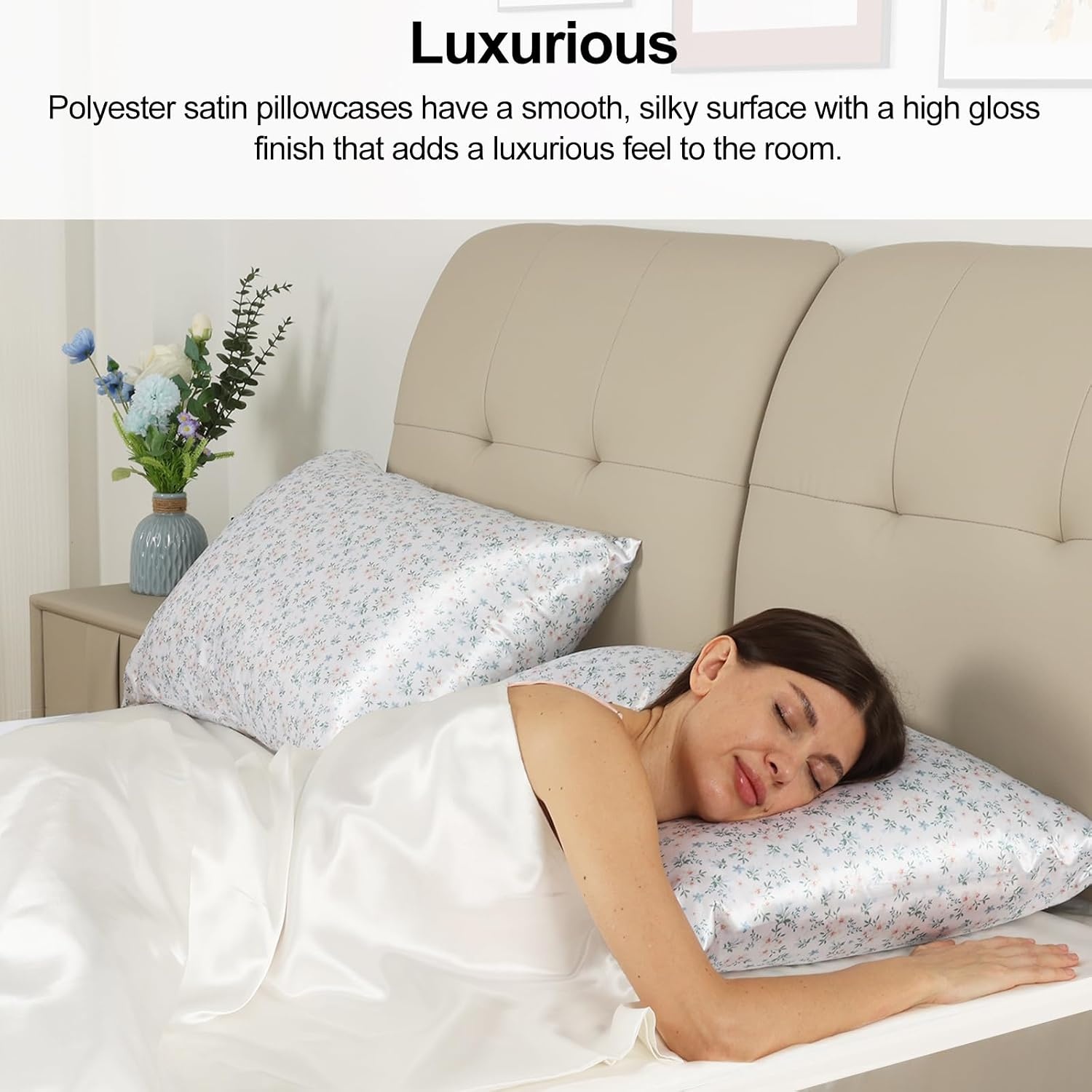 image:imageLirex Silky Satin Pillowcase with Zipper Closure Polyester Satin Pillow Cover for Hair Smooth Floral Pattern with Cream Leopard 20 x 26Cream Floral