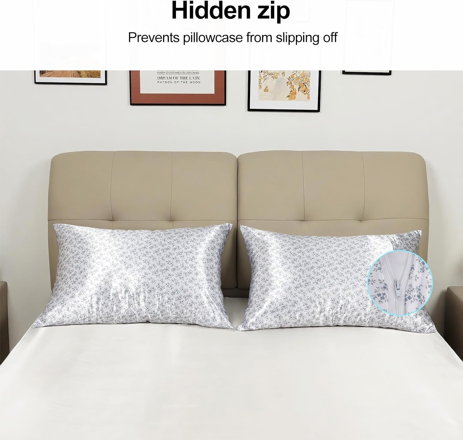image:imageLirex Silky Satin Pillowcase with Zipper Closure Polyester Satin Pillow Cover for Hair Smooth Floral Pattern with Cream Leopard 20 x 26Dark Blue Floral