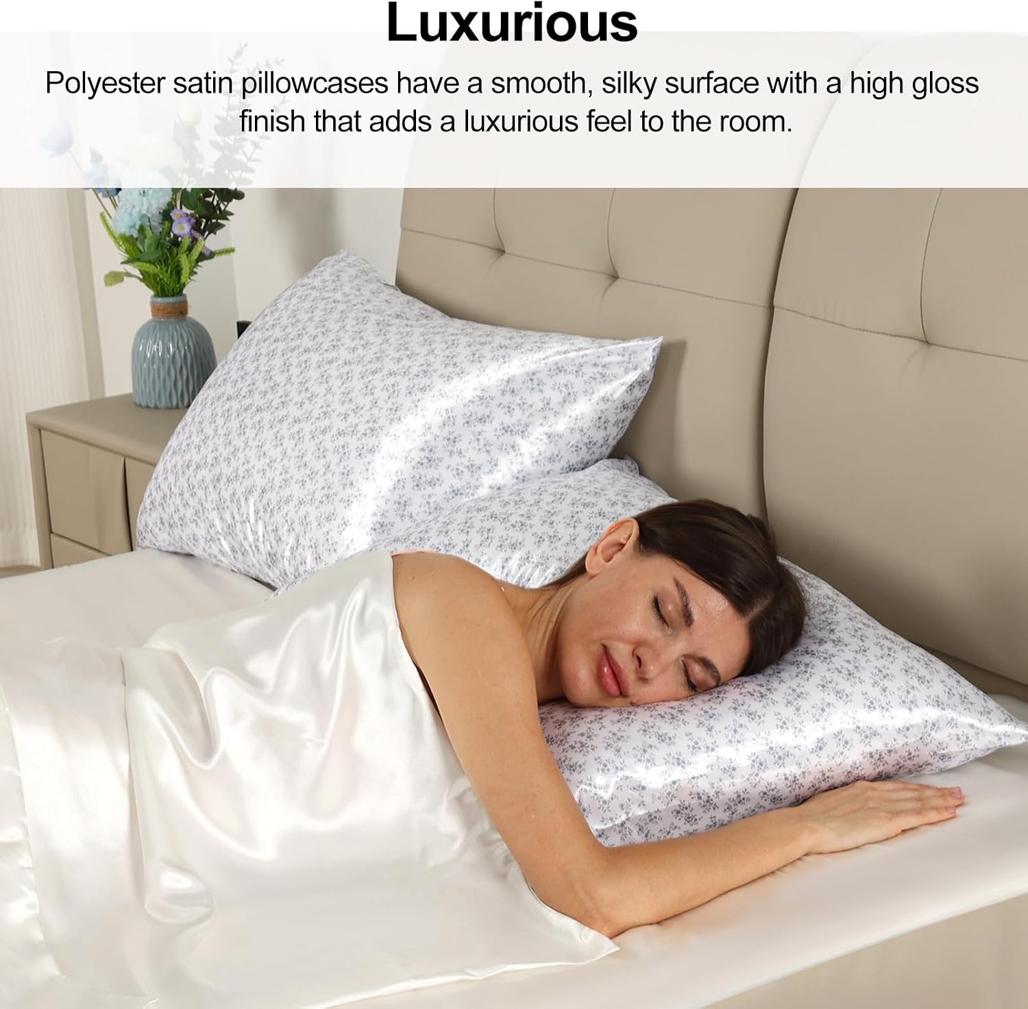image:imageLirex Silky Satin Pillowcase with Zipper Closure Polyester Satin Pillow Cover for Hair Smooth Floral Pattern with Cream Leopard 20 x 26Dark Blue Floral