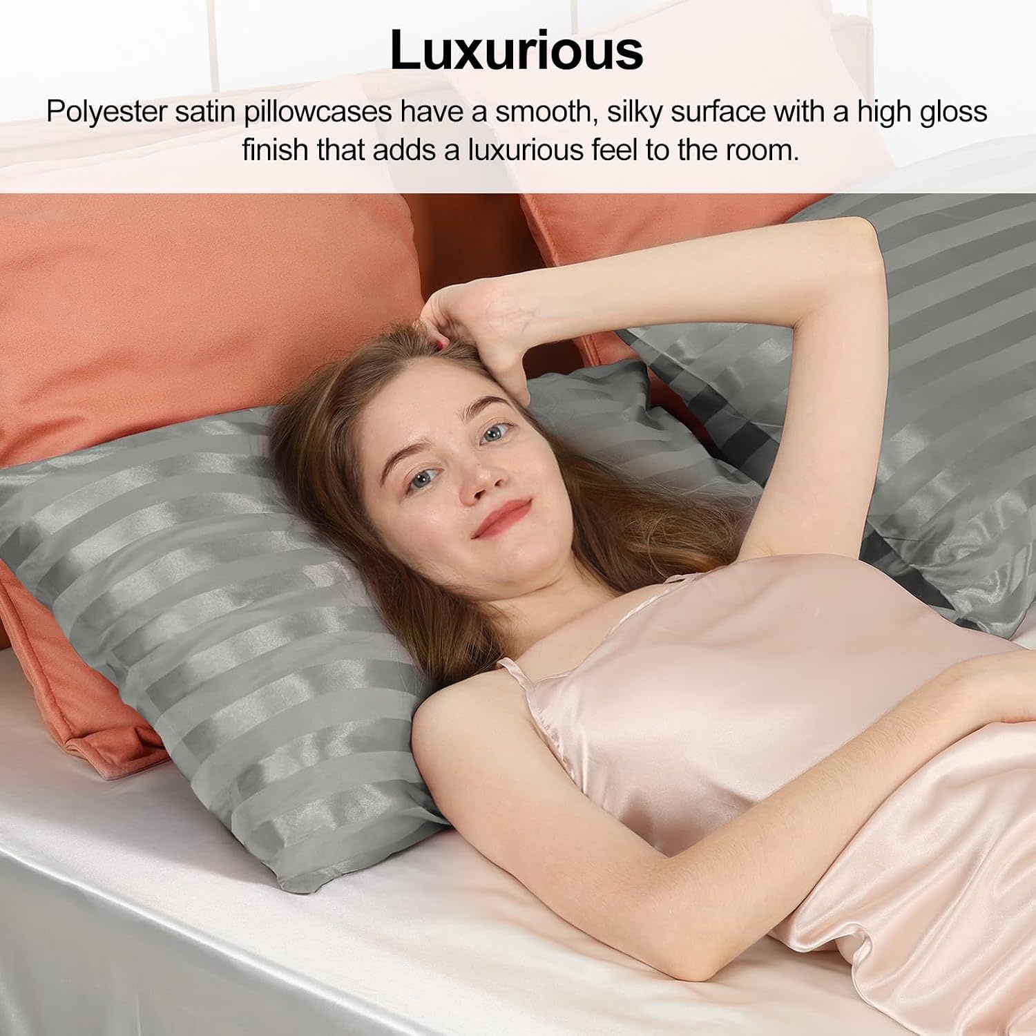 image:imageLirex Silky Satin Pillowcase with Zipper Closure Polyester Satin Pillow Cover for Hair Smooth Floral Pattern with Cream Leopard 20 x 26Light Grey Stripes
