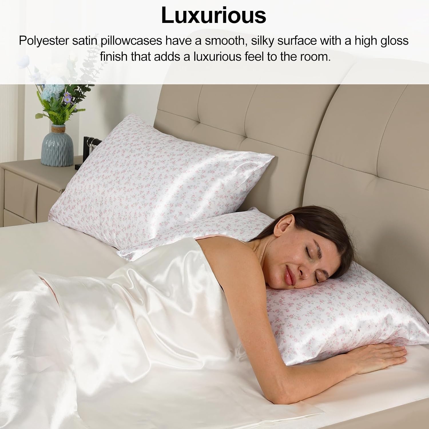 image:imageLirex Silky Satin Pillowcase with Zipper Closure Polyester Satin Pillow Cover for Hair Smooth Floral Pattern with Cream Leopard 20 x 26Pink Rose Floral