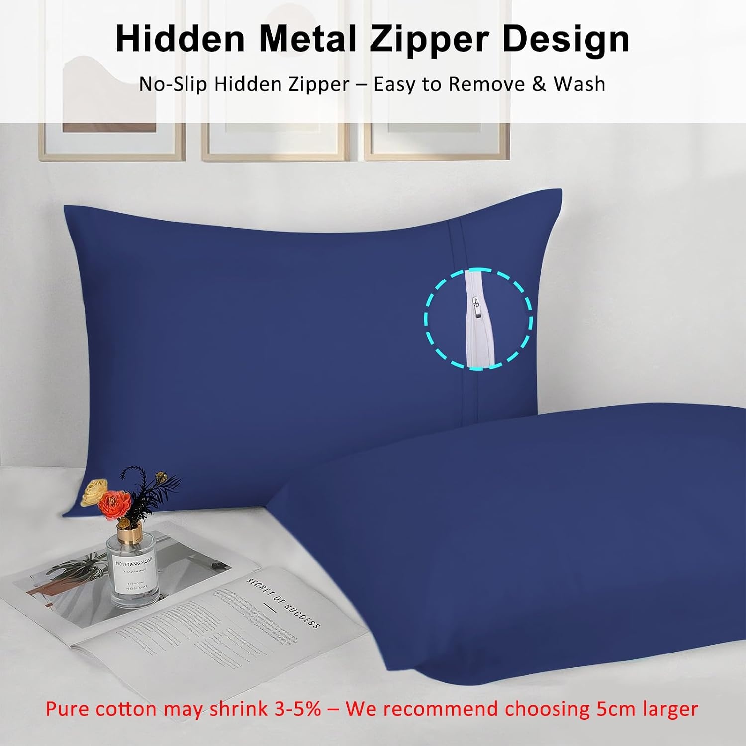 image:imageLirex Standard Pillow Cases Set of 2 300 Thread Count 100 Cotton Pillow Covers Breathable and Soft Standard 20 x 26 WhiteDark Blue