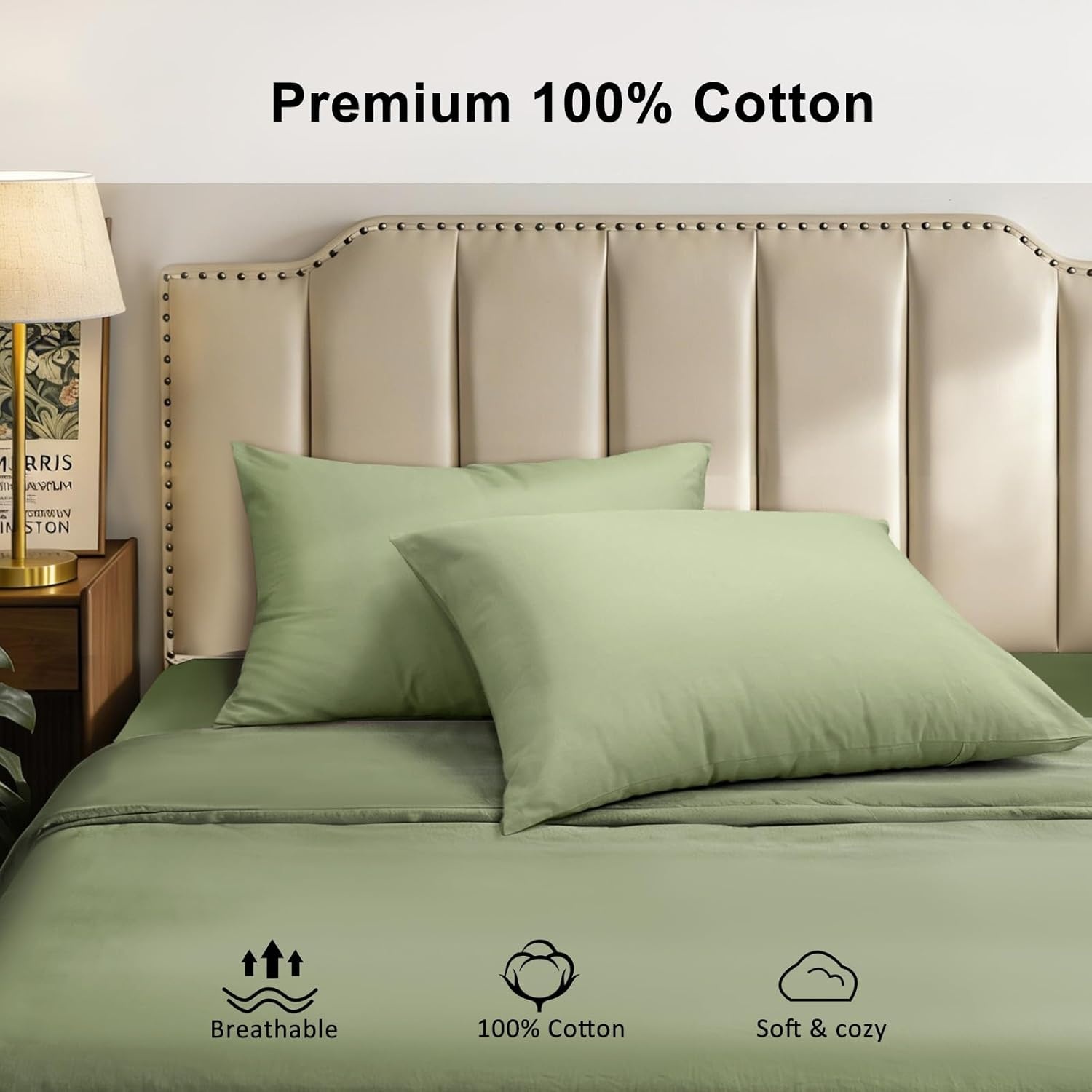 image:imageLirex Standard Pillow Cases Set of 2 300 Thread Count 100 Cotton Pillow Covers Breathable and Soft Standard 20 x 26 WhiteGreen