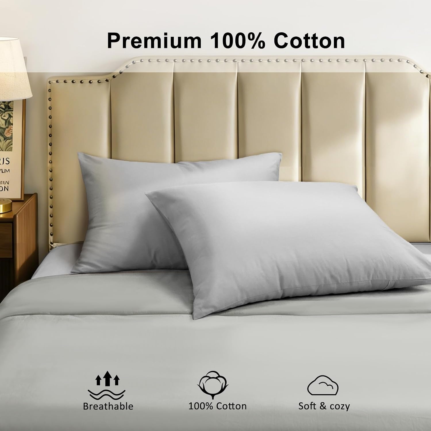 image:imageLirex Standard Pillow Cases Set of 2 300 Thread Count 100 Cotton Pillow Covers Breathable and Soft Standard 20 x 26 WhiteGrey