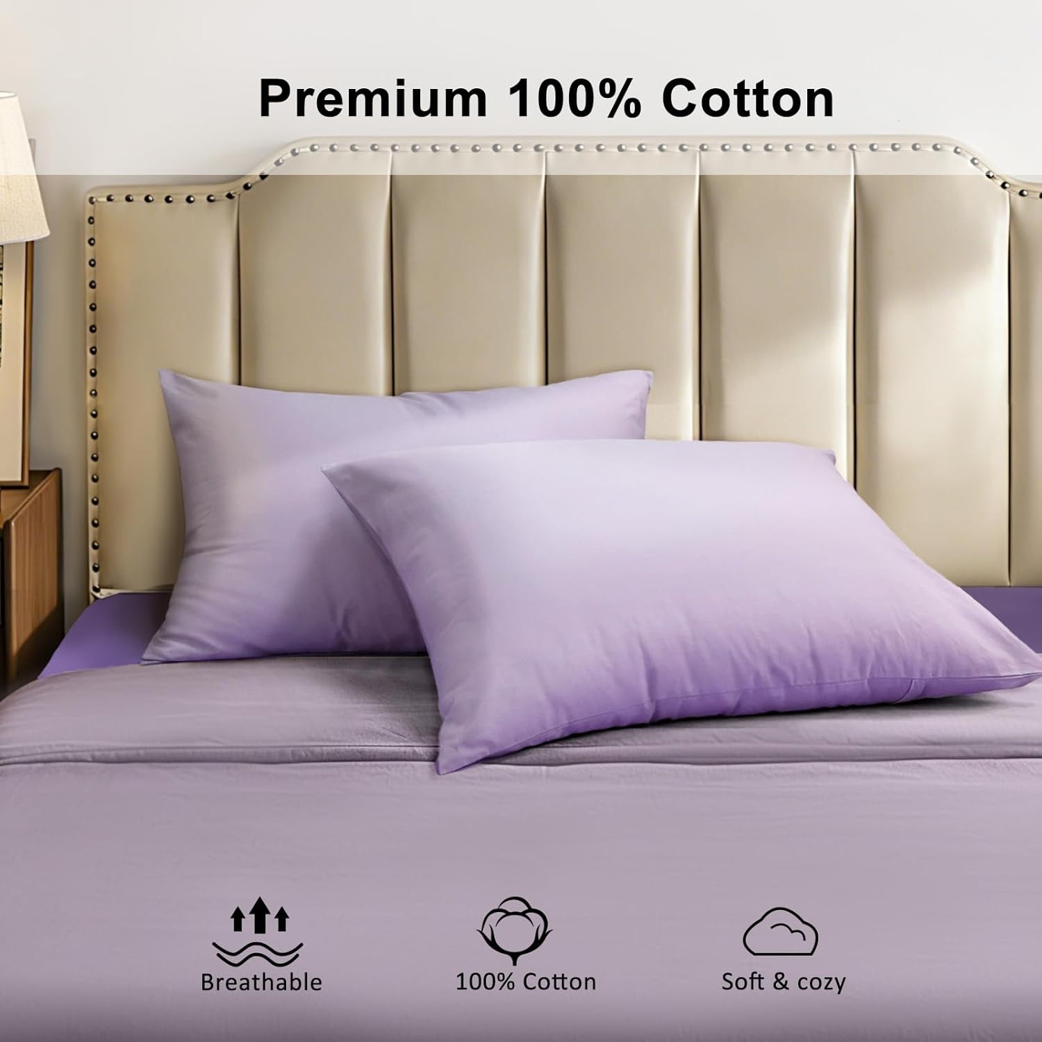 image:imageLirex Standard Pillow Cases Set of 2 300 Thread Count 100 Cotton Pillow Covers Breathable and Soft Standard 20 x 26 WhitePurple