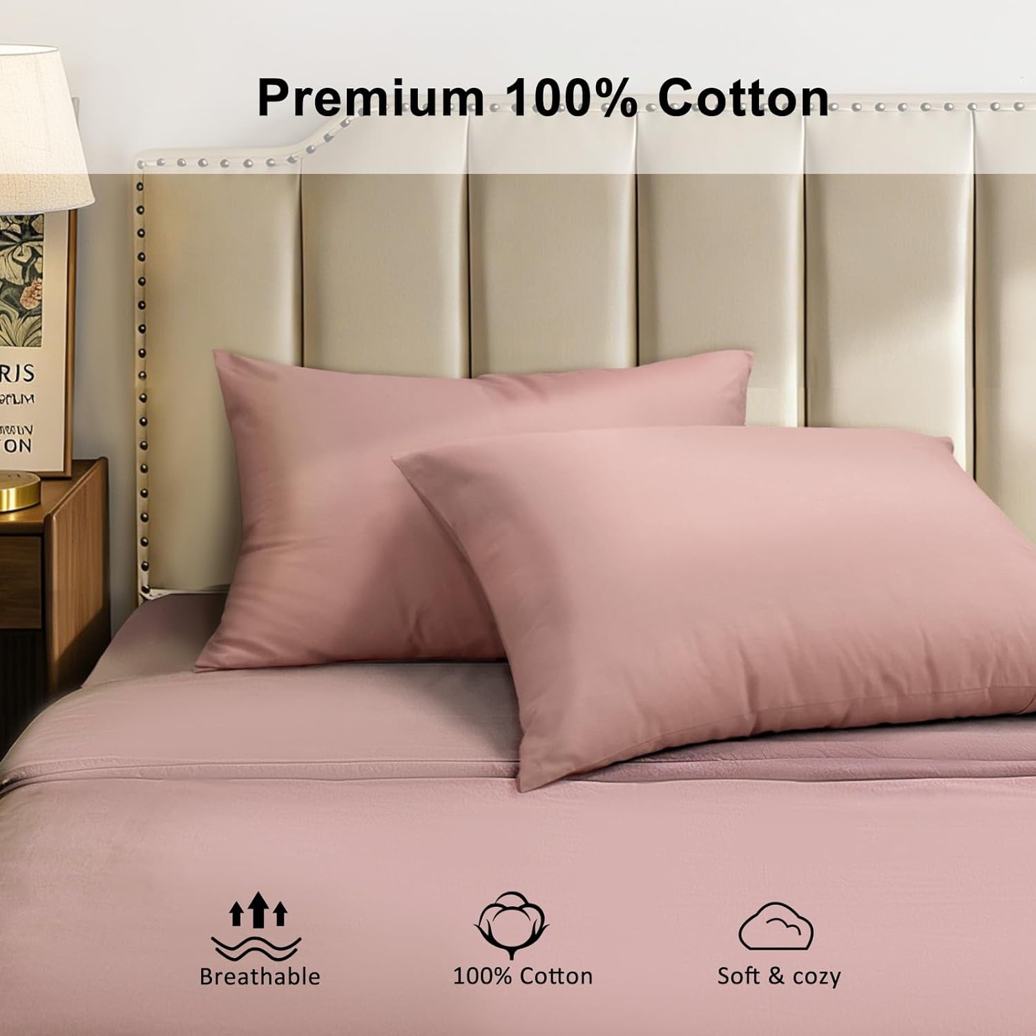 image:imageLirex Standard Pillow Cases Set of 2 300 Thread Count 100 Cotton Pillow Covers Breathable and Soft Standard 20 x 26 WhiteRose Pink