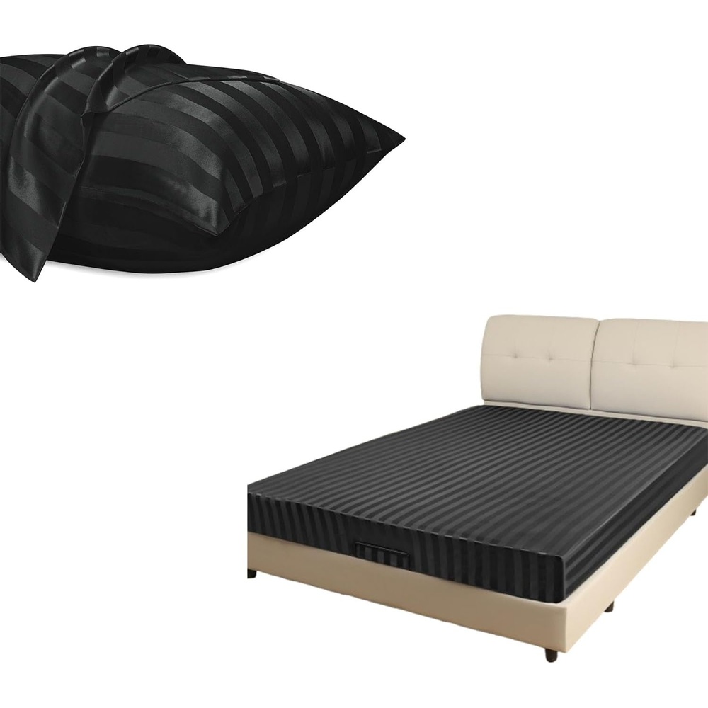 image:image3Piece Bedding Bundle King Fitted Sheet amp 2 Pillowcases 20 x 40 Black Stripes Soft amp WrinkleResistant