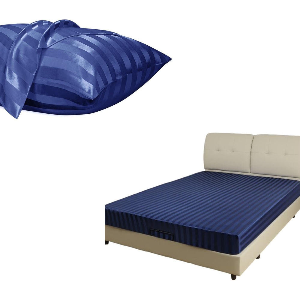 image:image3pcs Bedding Bundle Twin XL Fitted Sheet amp 2 Queen Pillowcases Navy Blue Stripes Ultra Soft amp Easy Care