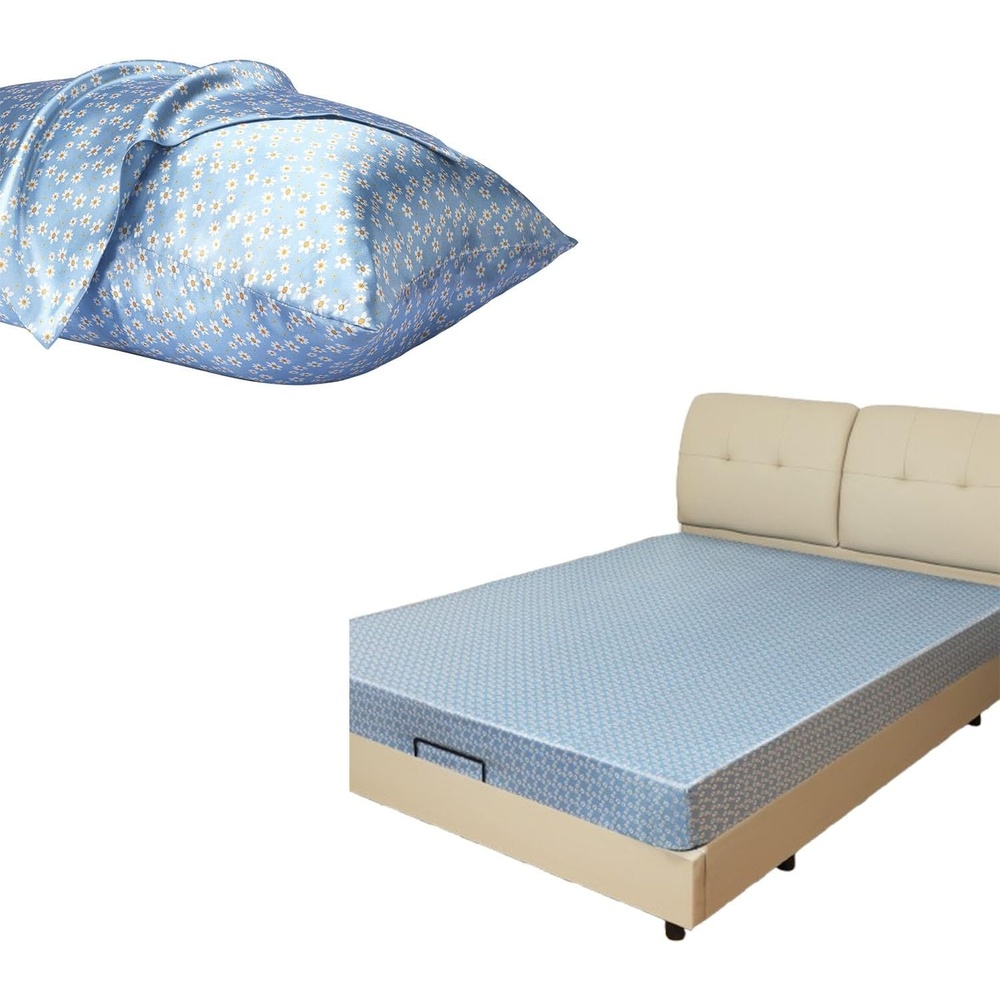 image:imageBundle Set King Fitted Sheet and 2 Pillowcases 20 x 40 3 Items Blue Daisy WrinkleResistant amp Hair Care