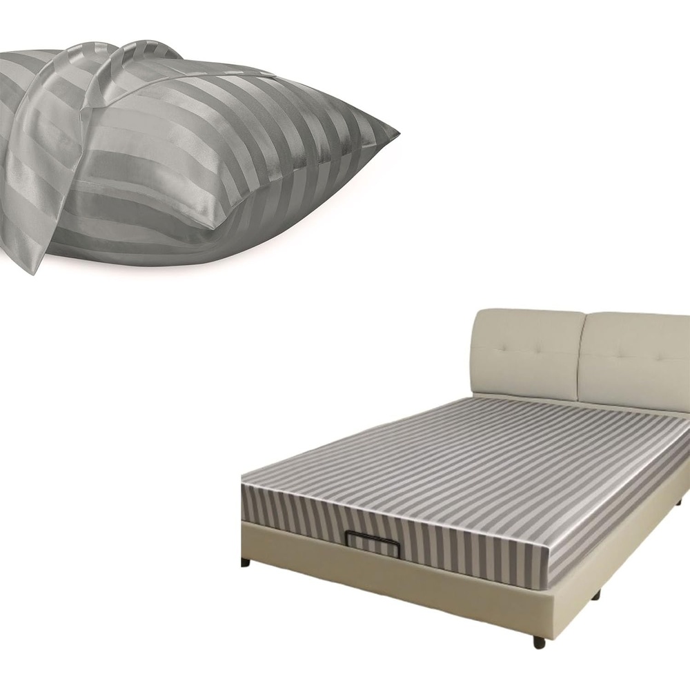 image:imageFitted Sheet Bundle with 2 Pillowcases Queen Size 3 Items Light Grey Stripes Perfect for Seasonal Bedding Switch