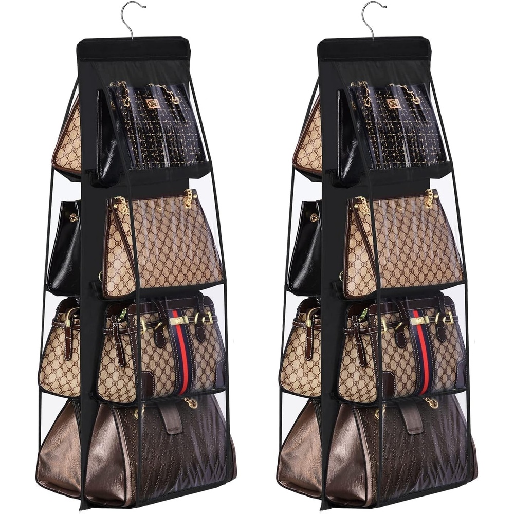 image:imageLirex 2Pack Handbag Hanging Purse Organizer for Closet 8 Pocket Handbag Storage Organizer Hanger Oxford Cloth Closet Organizer for Family Closet Bedroom Foldable and Universal Fit GreyBlack