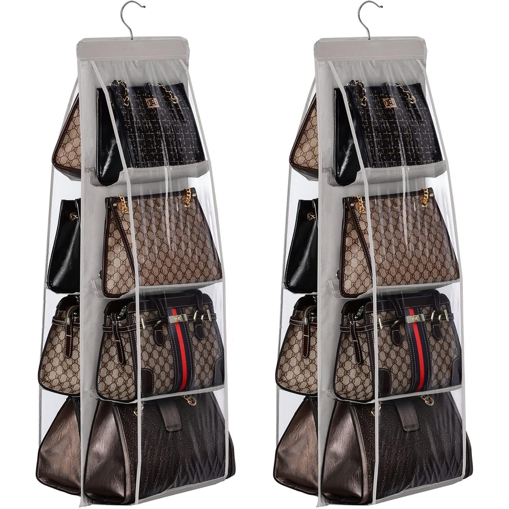 image:imageLirex 2Pack Handbag Hanging Purse Organizer for Closet 8 Pocket Handbag Storage Organizer Hanger Oxford Cloth Closet Organizer for Family Closet Bedroom Foldable and Universal Fit GreyGrey