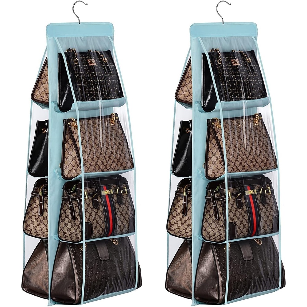 image:imageLirex 2Pack Handbag Hanging Purse Organizer for Closet 8 Pocket Handbag Storage Organizer Hanger Oxford Cloth Closet Organizer for Family Closet Bedroom Foldable and Universal Fit GreyLight Blue