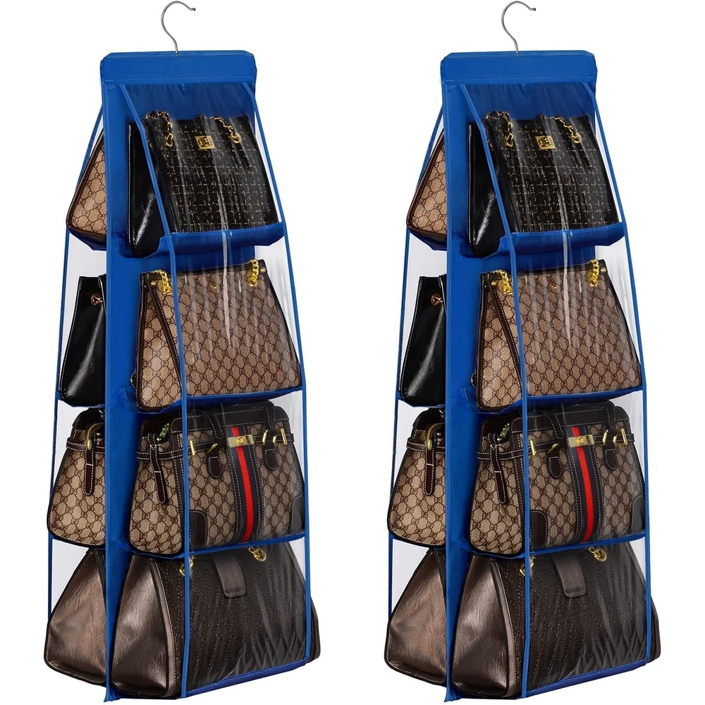 image:imageLirex 2Pack Handbag Hanging Purse Organizer for Closet 8 Pocket Handbag Storage Organizer Hanger Oxford Cloth Closet Organizer for Family Closet Bedroom Foldable and Universal Fit GreyBlue