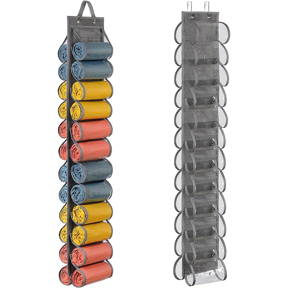 image:imageLirex Hanging Yoga Legging Storage Organizer with 24 Pockets Foldable Oxford Cloth Hanging Closet Organizer Shirts Jeans Storage Hanger Socks Holder for Family Closet Bedroom PinkGray