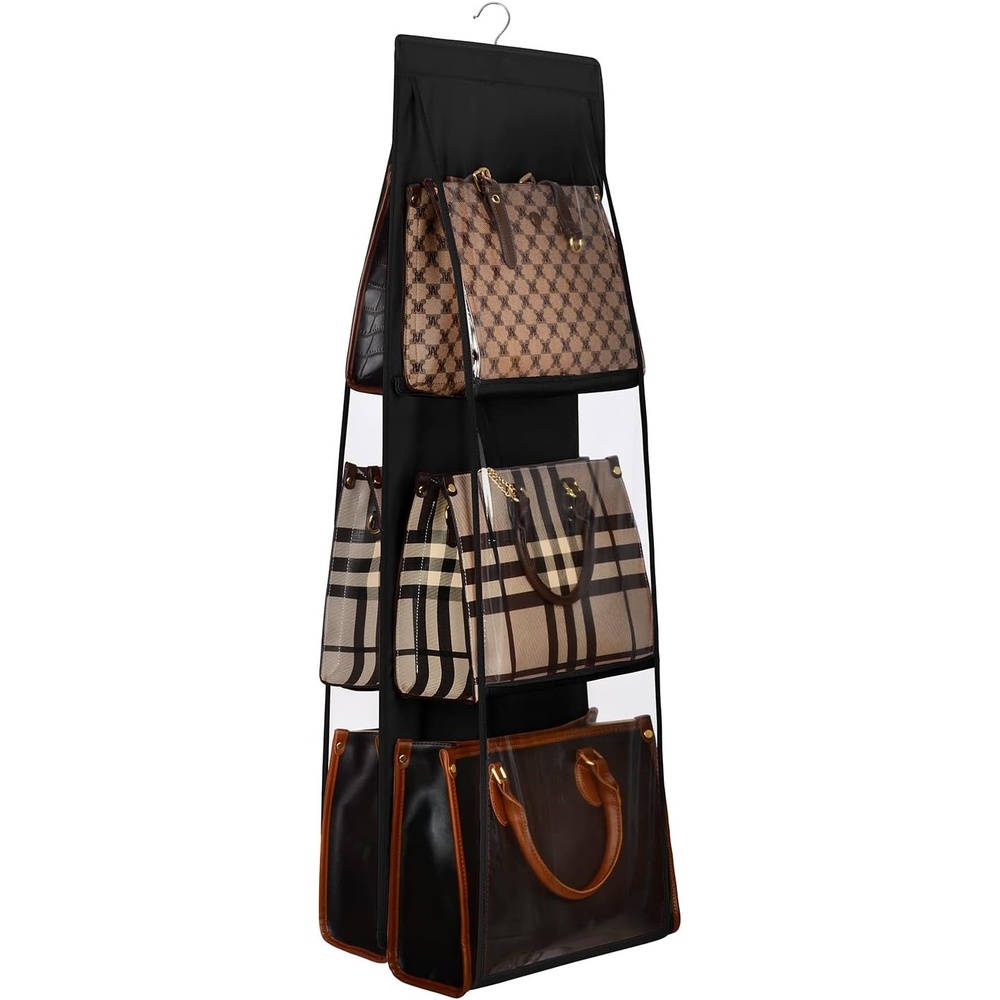 image:imageLirex Medium and Large Handbag Hanging Purse Organizer for Closet Handbag Storage Organizer Hanger Oxford Cloth Closet Organizer for Family Closet Bedroom Foldable and Universal Fit BlackBlack