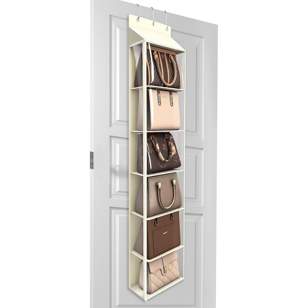image:imageLirex Over The Door Purse Organizer amp Purse Shelf for Closet Handbag Storage Organizer with Purse Hanger Perfect for Scarves Hats and Leggings L 157 x 57 x 68 GreyCream White