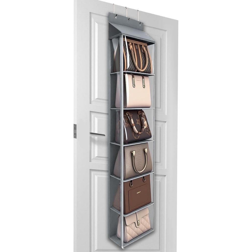 image:imageLirex Over The Door Purse Organizer amp Purse Shelf for Closet Handbag Storage Organizer with Purse Hanger Perfect for Scarves Hats and Leggings L 157 x 57 x 68 GreyGrey