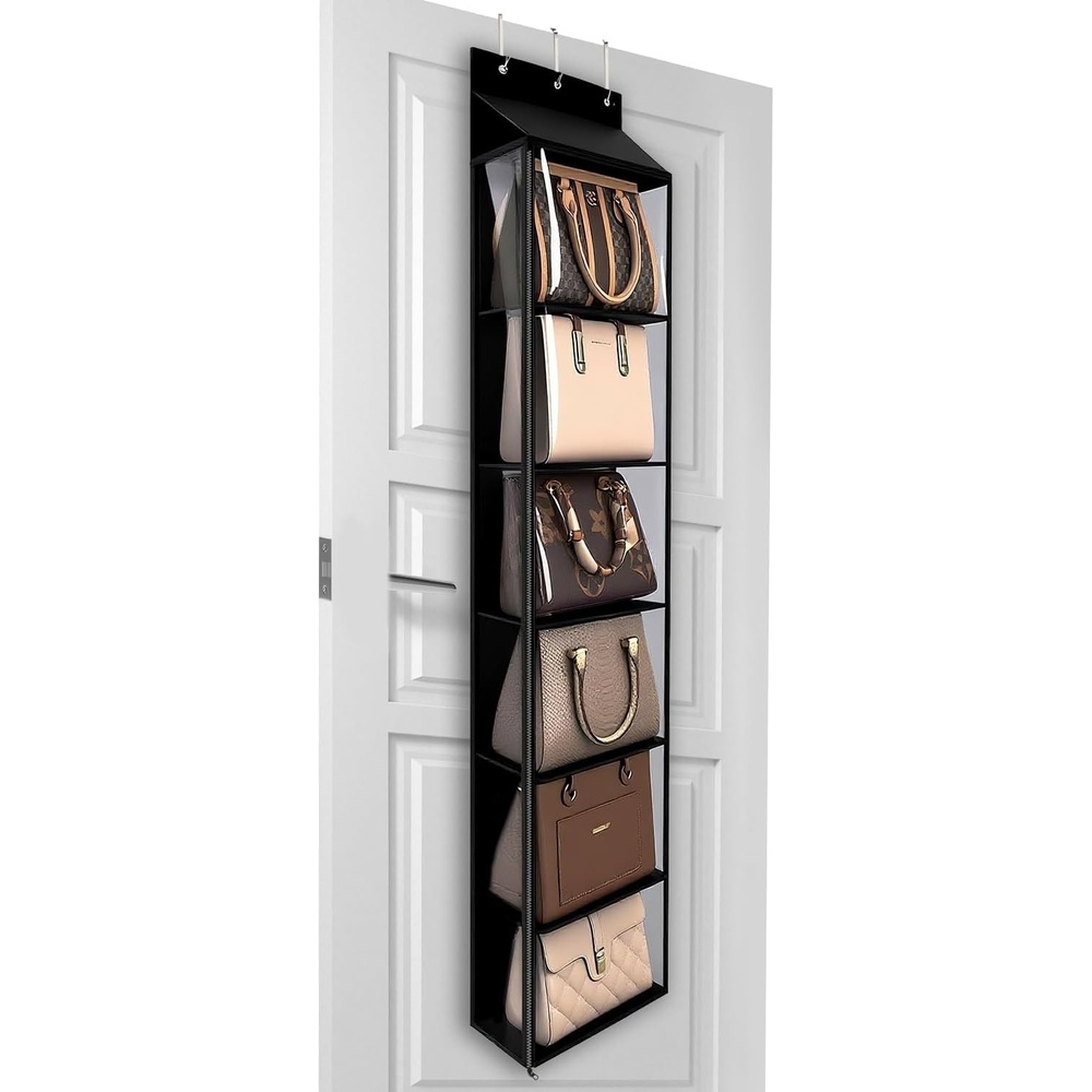 image:imageLirex Over The Door Purse Organizer amp Purse Shelf for Closet Handbag Storage Organizer with Purse Hanger Perfect for Scarves Hats and Leggings L 157 x 57 x 68 GreyBlack