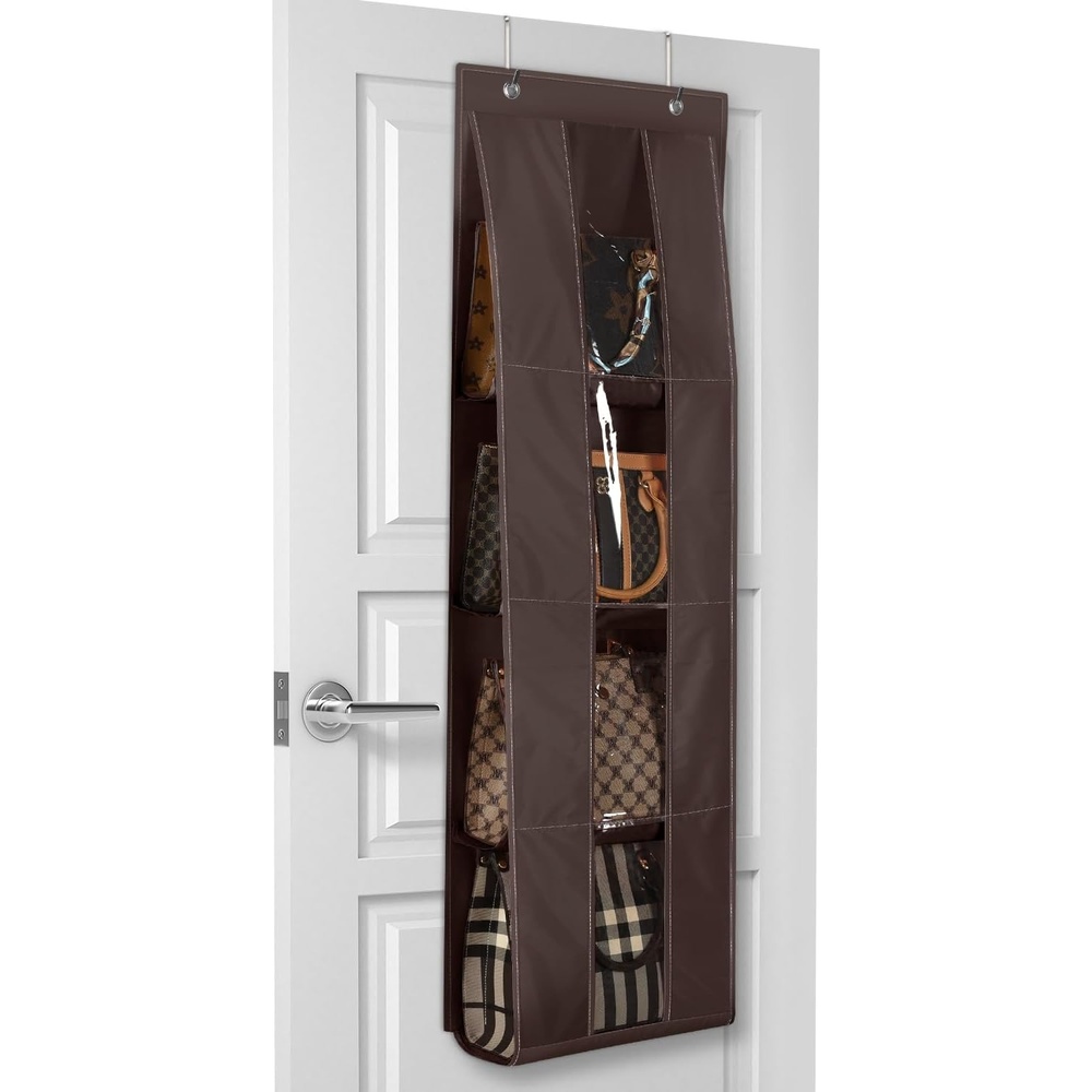 image:imageLirex Over the Door Purse Organizer Handbag Storage with 4 Clear Pockets Foldable for Purses Scarves Clothing and Leggings Hanging Closet Organizer BrownDark Brown