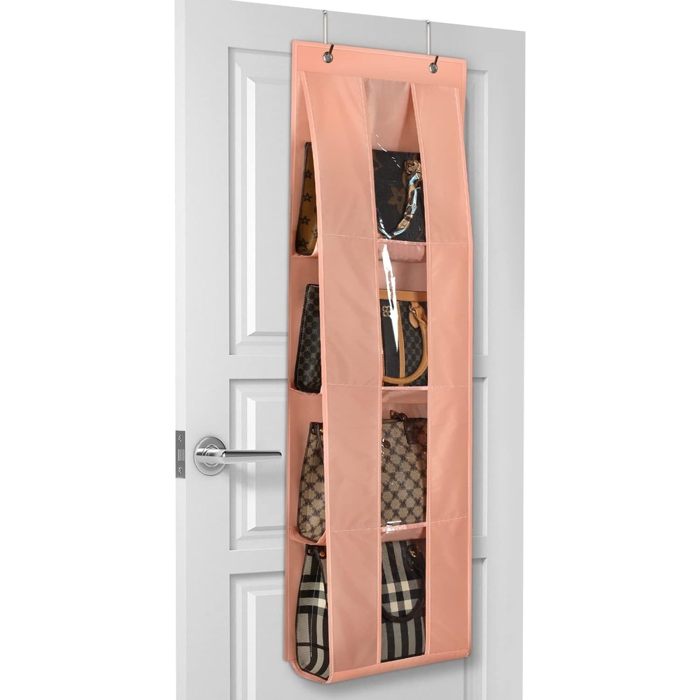 image:imageLirex Over the Door Purse Organizer handbag storage organizer with 4 Clear Pockets Foldable purse storage scarf storage clothing organizer legging organizer for hanging closet organize GrayLight Pink