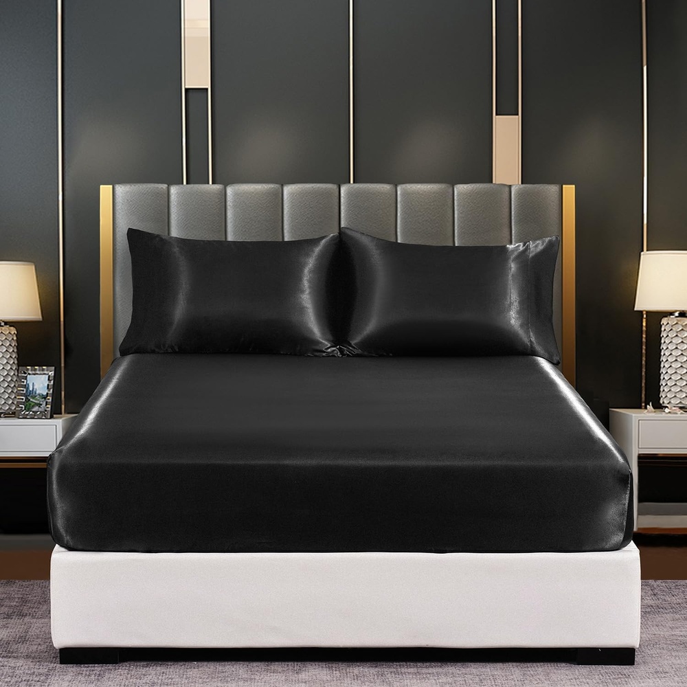 image:imageLirex Satin Fitted Sheet Full Size BundleIncludes 14 Deep Pocket Full Size Fitted Sheet and 2 Pack Queen Size Pillowcase Black