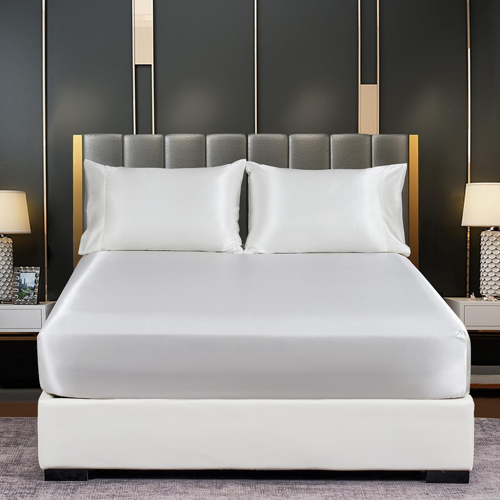 image:imageLirex Satin Fitted Sheet Full Size BundleIncludes 14 Deep Pocket Full Size Fitted Sheet and 2 Pack Queen Size Pillowcase White