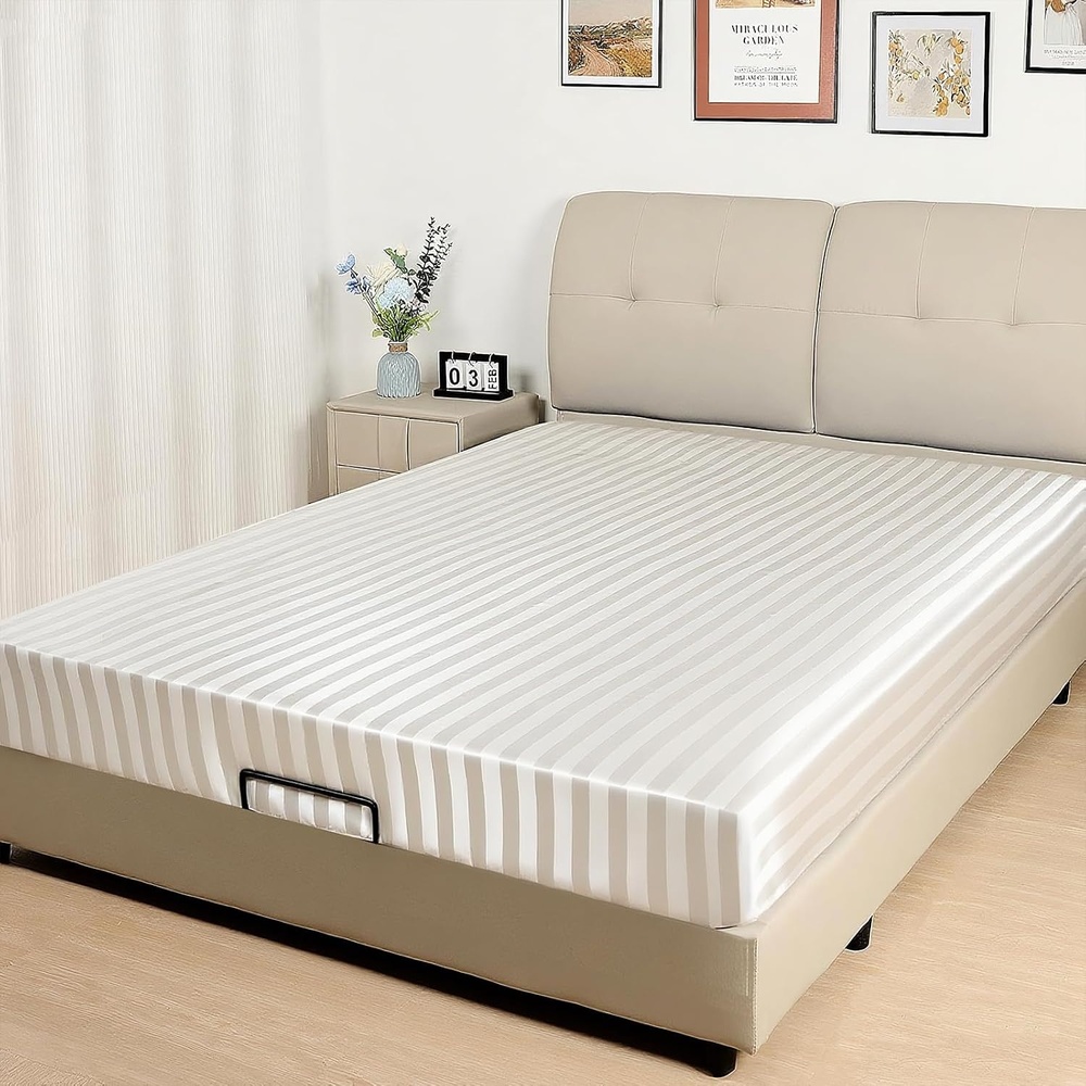 image:imageLirex Satin Fitted Sheet Silky amp Soft Polyester Satin Weave Bed Sheets 14 Deep Pocket with Elastic Corner Straps Twin XL Cream LeopardWhite Stripes