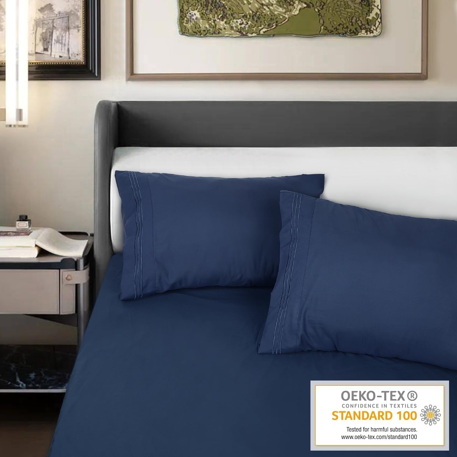 image:imageLirex Pillow Cases 2 Pack 1800 Thread Count Embroidered Standard Size Soft Brushed Microfiber Pillowcases Machine Washable Wrinkle Free Breathable Grey StandardBlue
