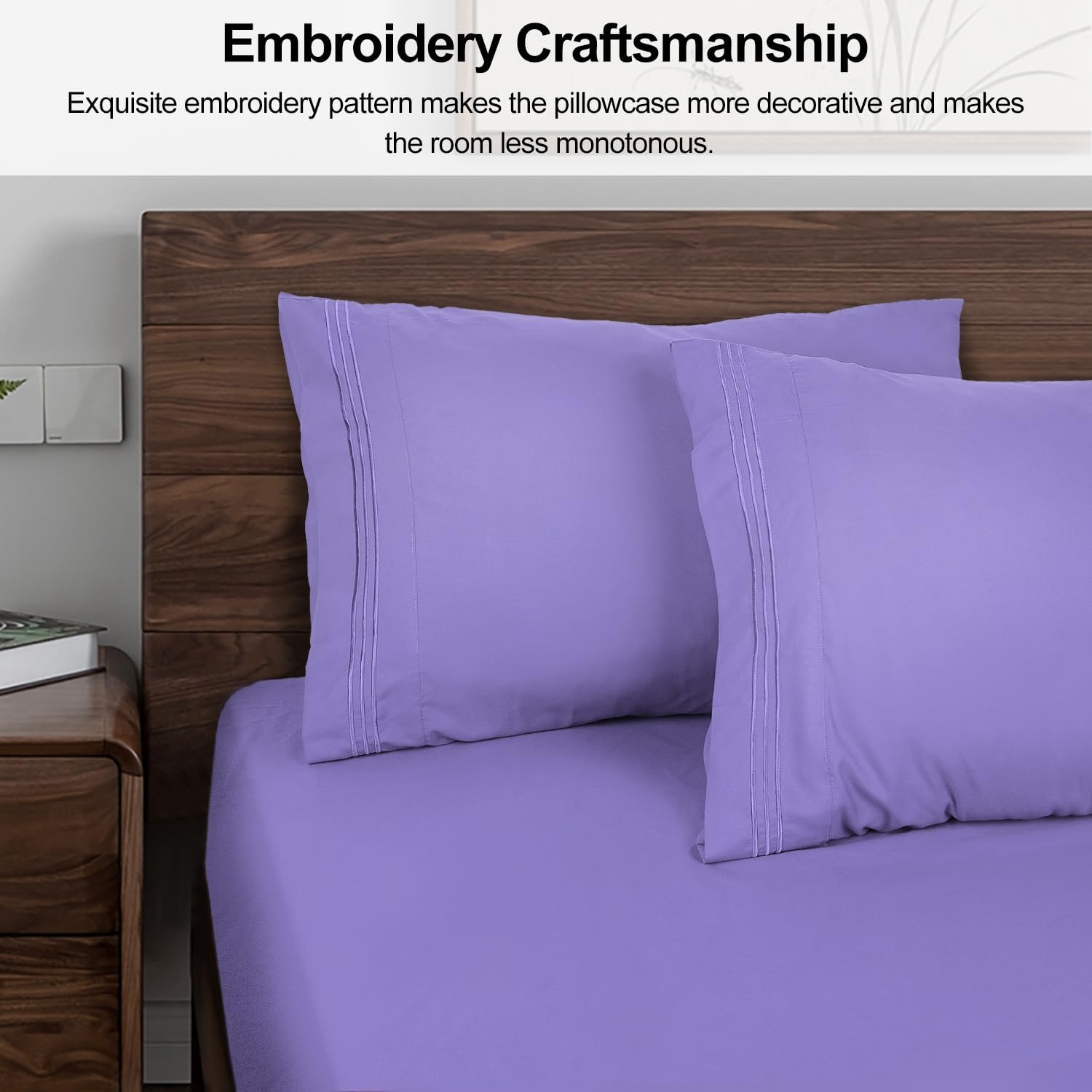 image:imageLirex Pillow Cases 2 Pack 1800 Thread Count Embroidered Standard Size Soft Brushed Microfiber Pillowcases Machine Washable Wrinkle Free Breathable Grey StandardLight Purple