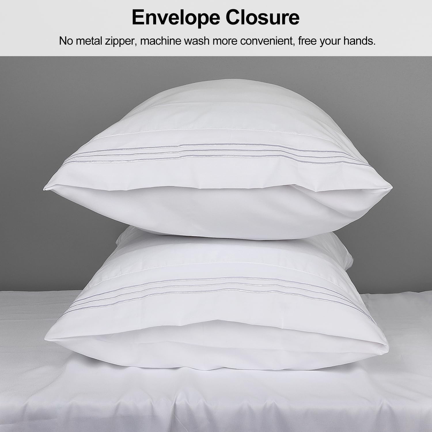 image:imageLirex Pillow Cases 2 Pack 1800 Thread Count Embroidered Standard Size Soft Brushed Microfiber Pillowcases Machine Washable Wrinkle Free Breathable Grey StandardWhite