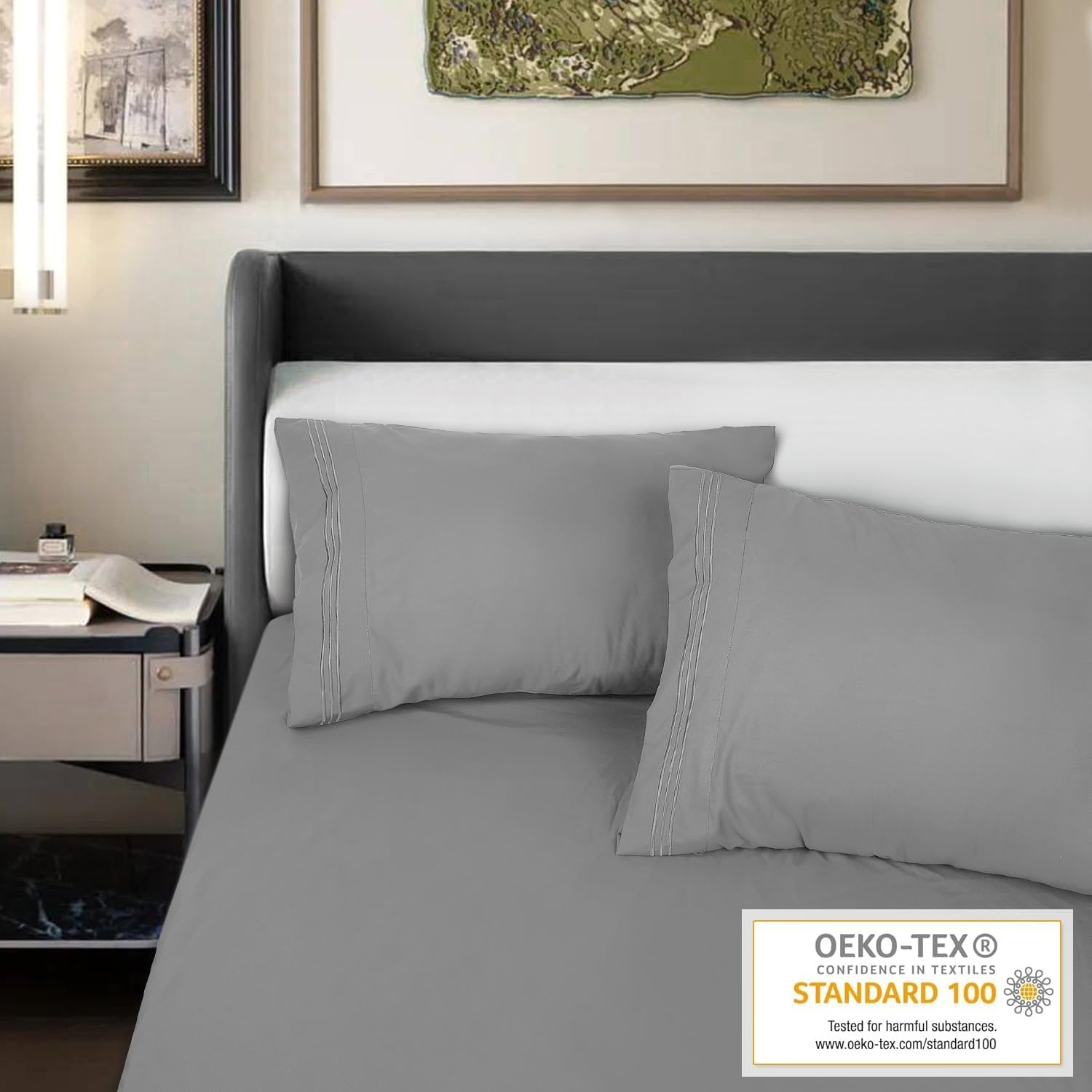image:imageLirex Pillow Cases 2 Pack 1800 Thread Count Embroidered Standard Size Soft Brushed Microfiber Pillowcases Machine Washable Wrinkle Free Breathable Grey StandardGrey