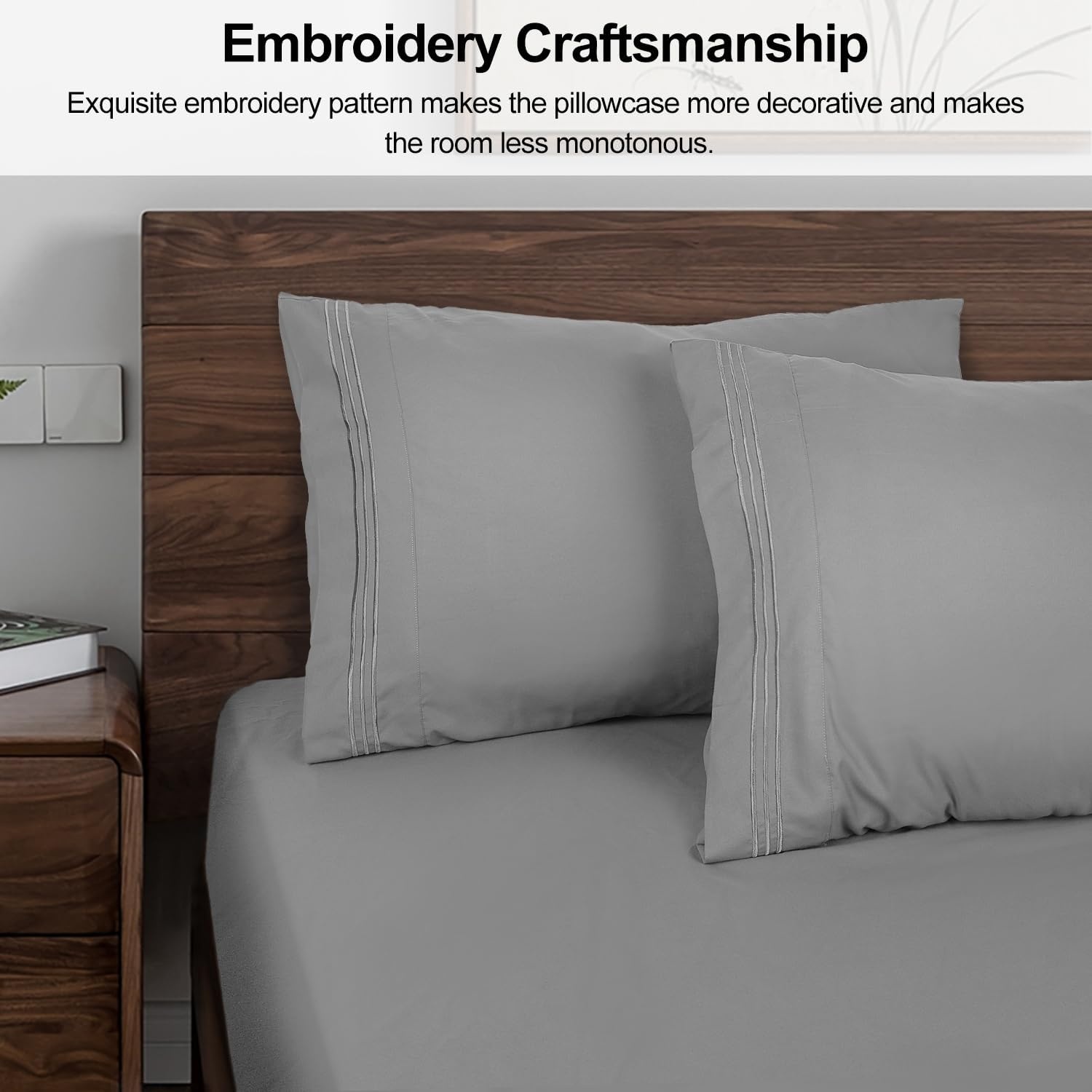 image:imageLirex Pillow Cases 2 Pack 1800 Thread Count Embroidered Standard Size Soft Brushed Microfiber Pillowcases Machine Washable Wrinkle Free Breathable Grey StandardGrey