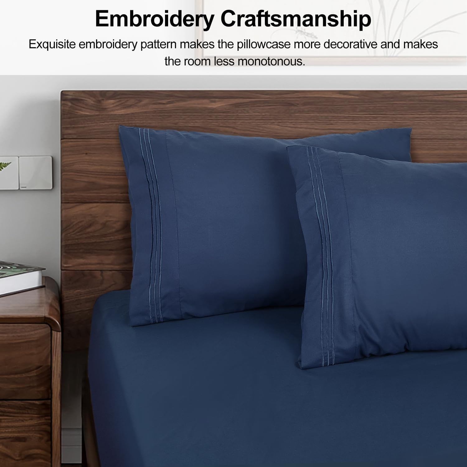 image:imageLirex Pillow Cases 2 Pack 1800 Thread Count Embroidered Standard Size Soft Brushed Microfiber Pillowcases Machine Washable Wrinkle Free Breathable Grey StandardBlue