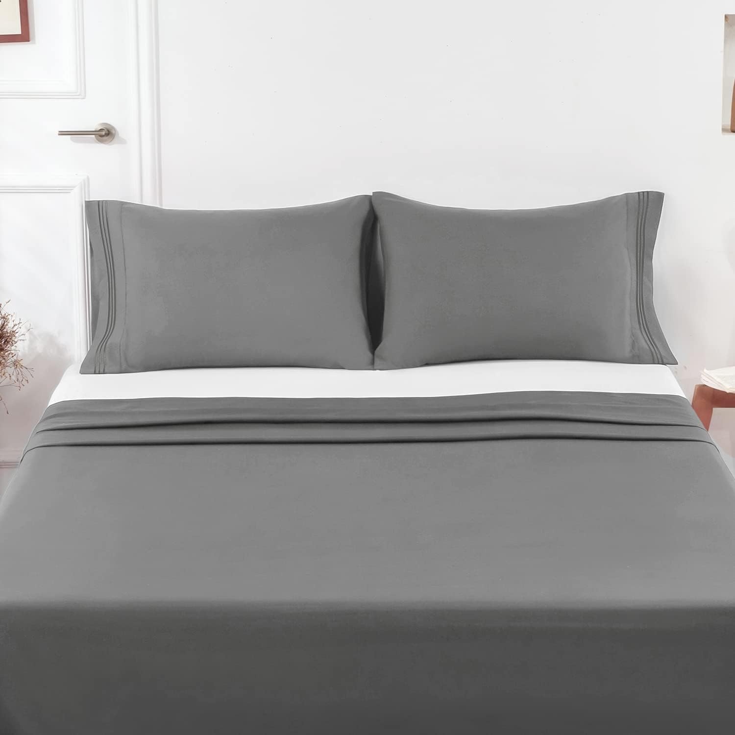 image:imageLirex Pillow Cases 2 Pack 1800 Thread Count Embroidered Standard Size Soft Brushed Microfiber Pillowcases Machine Washable Wrinkle Free Breathable Grey StandardGrey