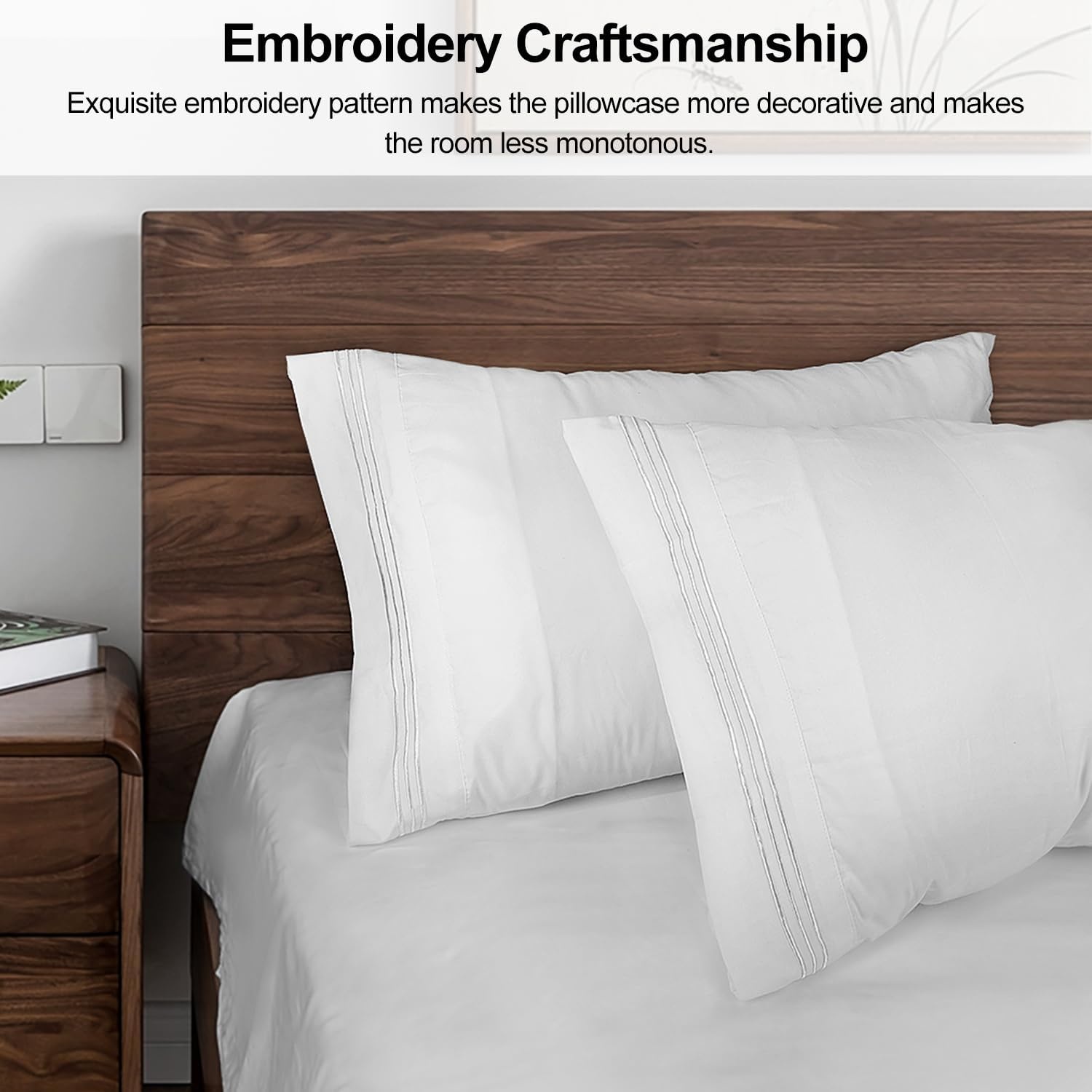 image:imageLirex Pillow Cases 2 Pack 1800 Thread Count Embroidered Standard Size Soft Brushed Microfiber Pillowcases Machine Washable Wrinkle Free Breathable Grey StandardWhite