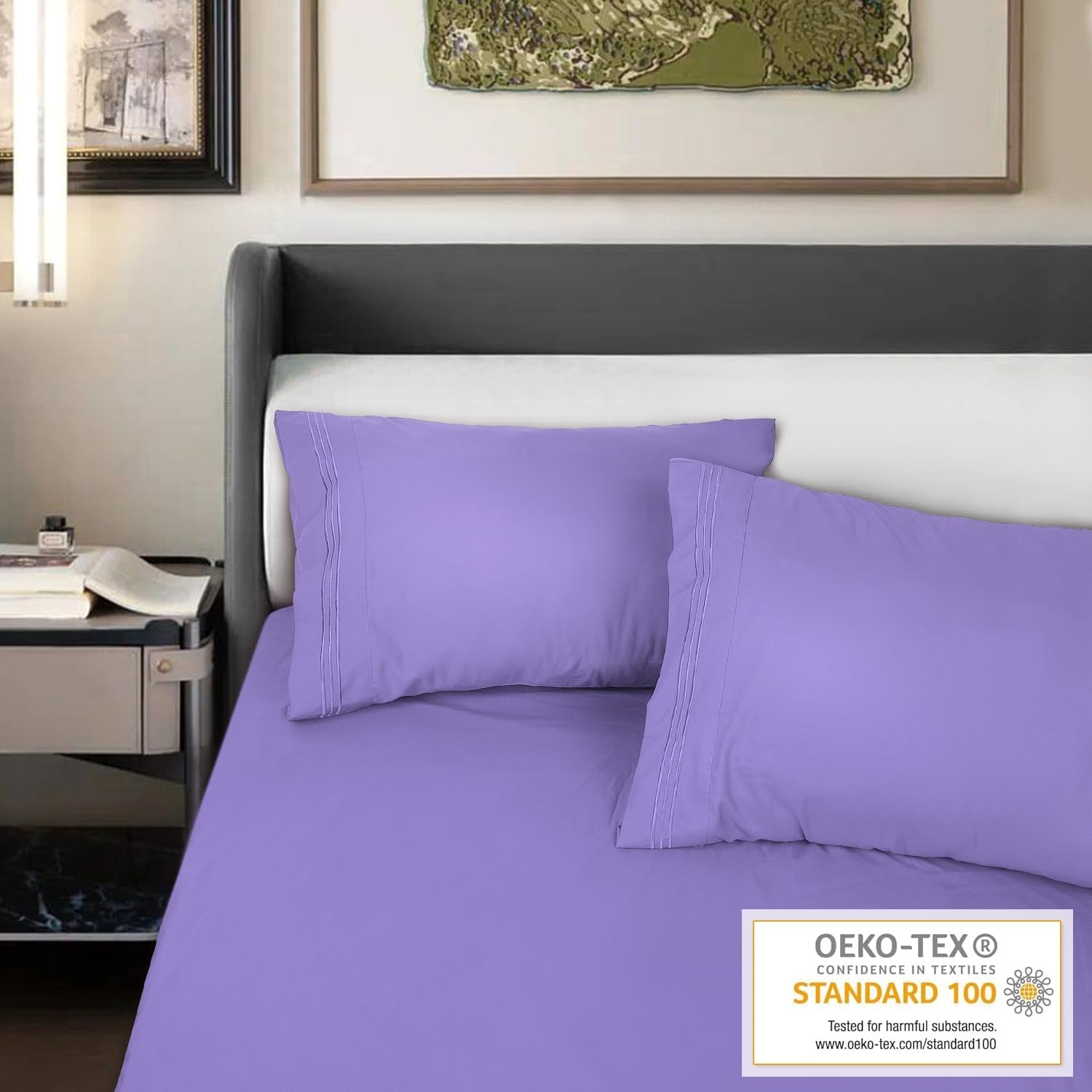 image:imageLirex Pillow Cases 2 Pack 1800 Thread Count Embroidered Standard Size Soft Brushed Microfiber Pillowcases Machine Washable Wrinkle Free Breathable Grey StandardLight Purple