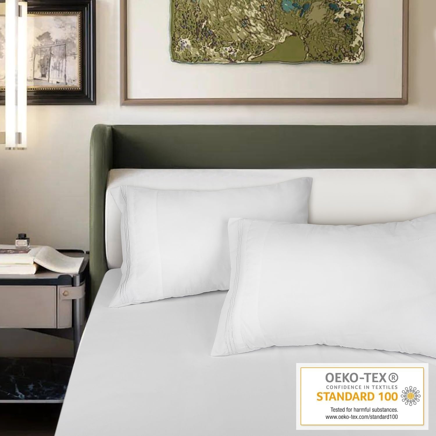 image:imageLirex Pillow Cases 2 Pack 1800 Thread Count Embroidered Standard Size Soft Brushed Microfiber Pillowcases Machine Washable Wrinkle Free Breathable Grey StandardWhite