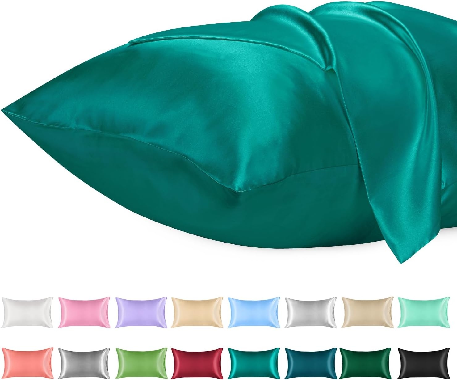 image:imageLirex Satin Pillowcase for Hair and Skin Super Soft and Cooling Similar to Silk 2 Pack Standard Size 20X 26 Pillow Cases with Envelope Closure Gifts for Women Men BlackAquamarine