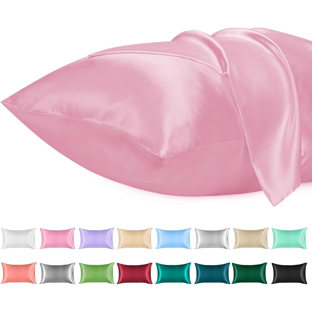 image:imageLirex Satin Pillowcase for Hair and Skin Super Soft and Cooling Similar to Silk 2 Pack Standard Size 20X 26 Pillow Cases with Envelope Closure Gifts for Women Men BlackSakura Pink