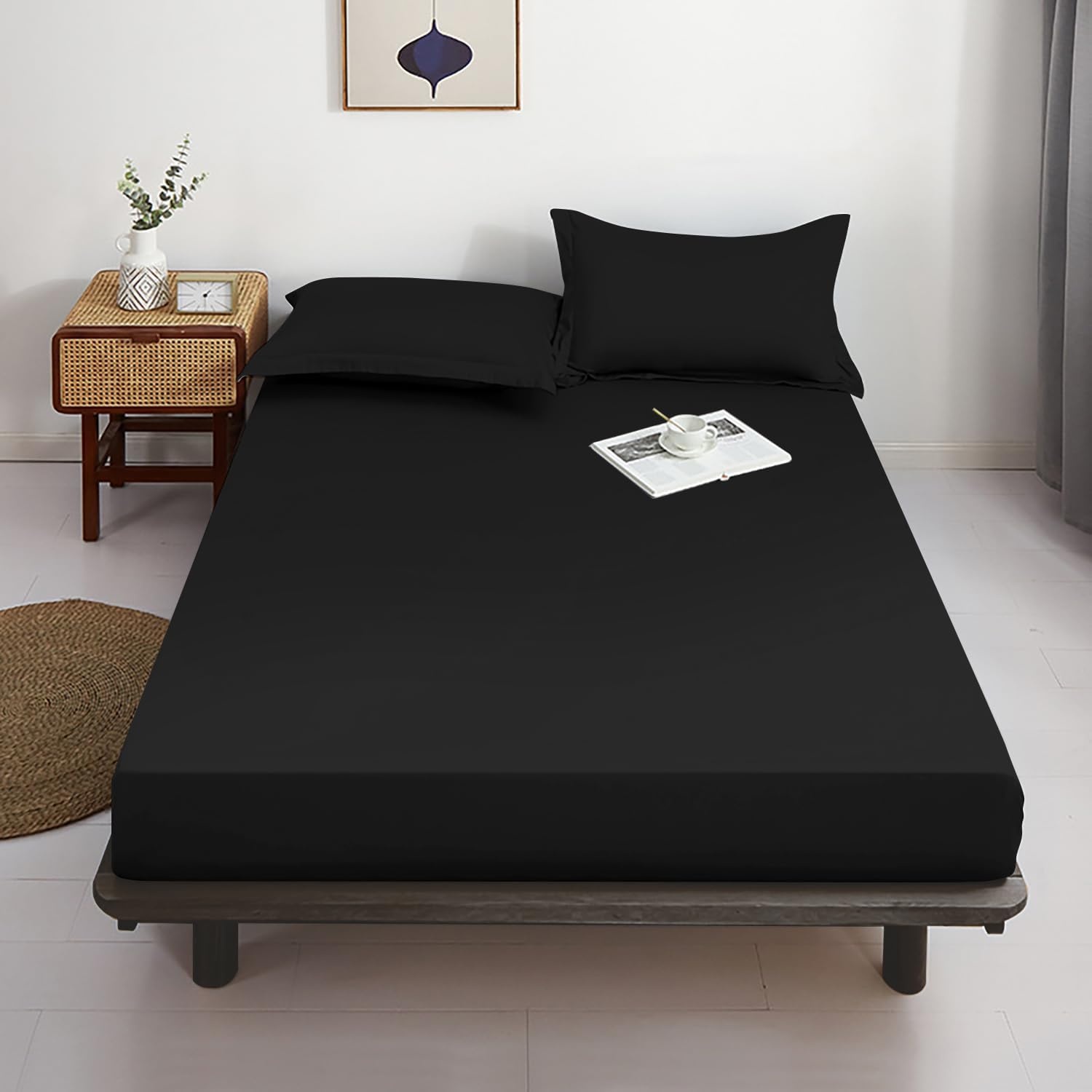 image:imageLirex Cotton Full Fitted Sheet Bundle300 Thread Count Full Fitted Sheet and 2pk Queen Size Pillow Cases 810 Deep Pocket Sheet for Hotel Home Black