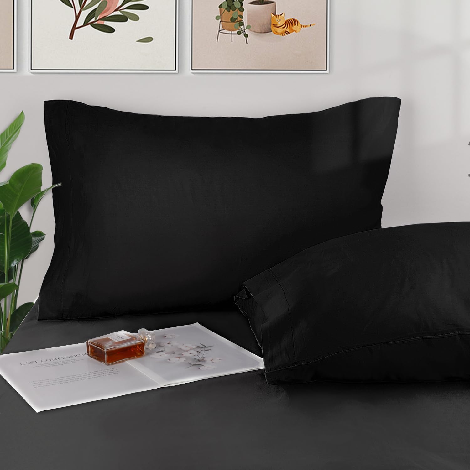 image:imageLirex Cotton Twin Fitted Sheet Bundle300 Thread Count Twin Fitted Sheet and 2pk Queen Size Pillow Cases 810 Deep Pocket Sheet for Hotel Home Black
