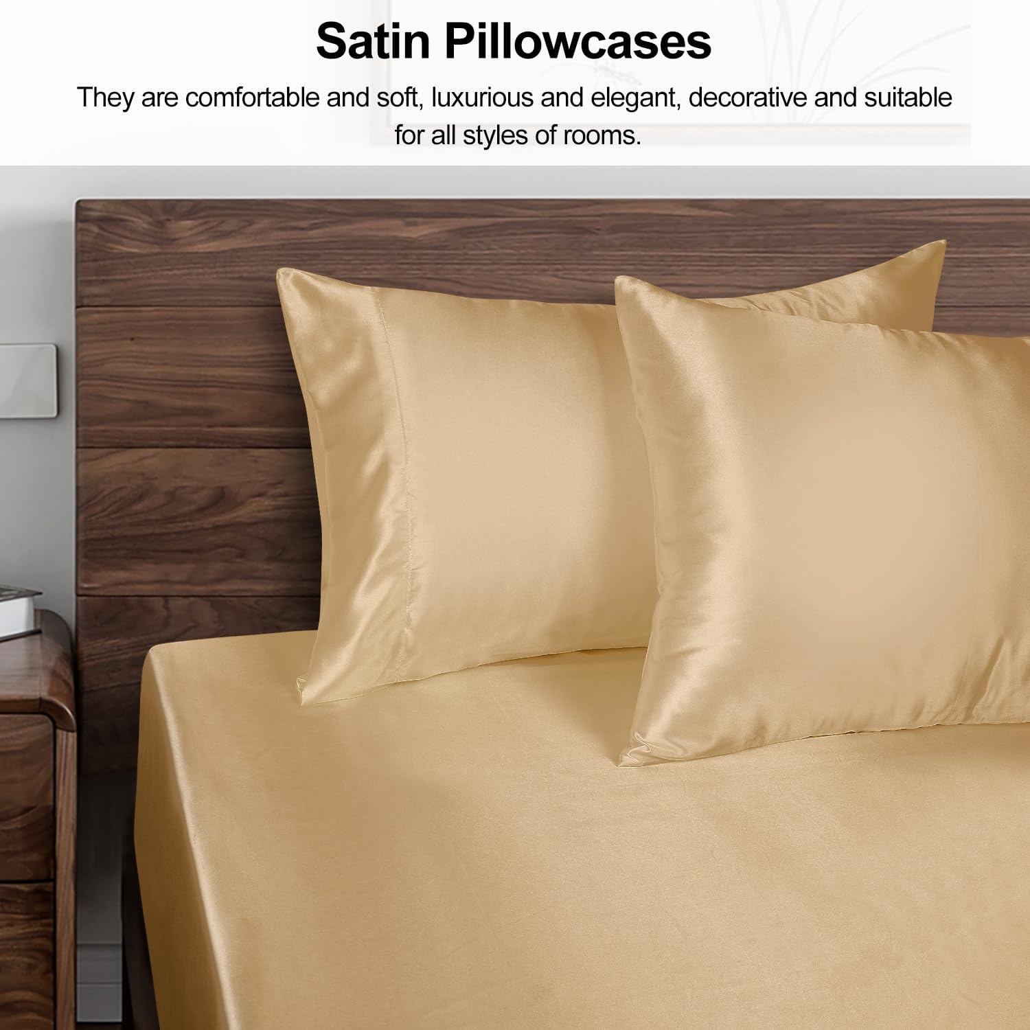 image:imageLirex Satin Fitted Sheet Full Size BundleIncludes 14 Deep Pocket Full Size Fitted Sheet and 2 Pack Queen Size Pillowcase Champagne